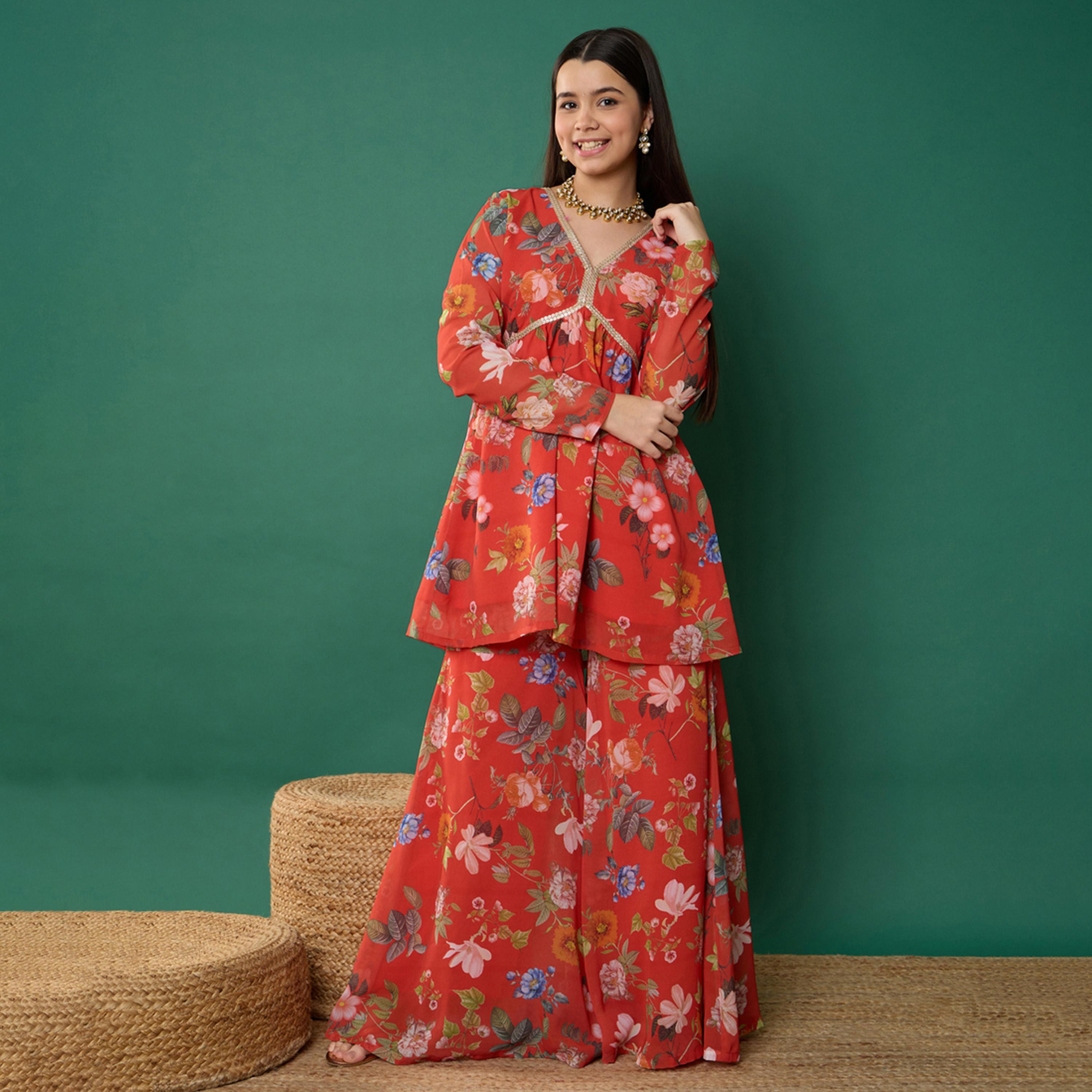 Noh-Voh X Styli Red Floral Peplum Top With Biased Flare Sharara-girls-clothing-setsandcoords-image-8