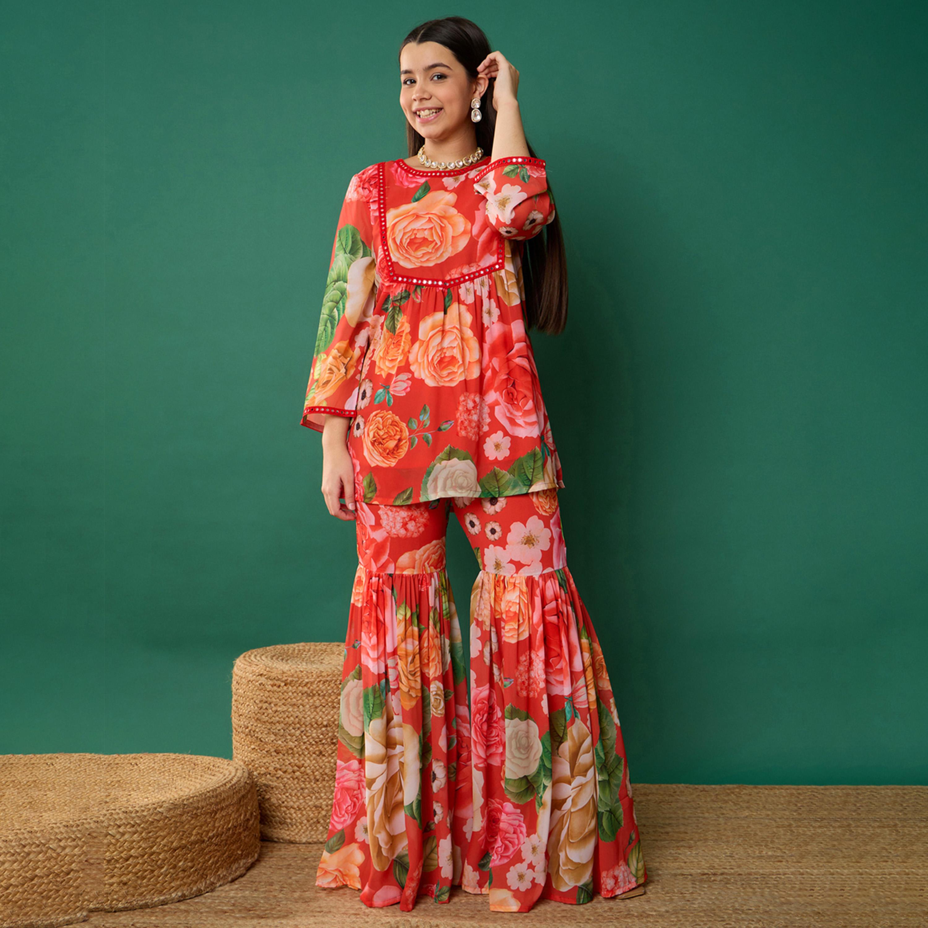 نوه-فوه × ستايلي - قميص كورتا قصير مورد مع بنطال شارارا - أحمر-girls-clothing-setsandcoords-image-1