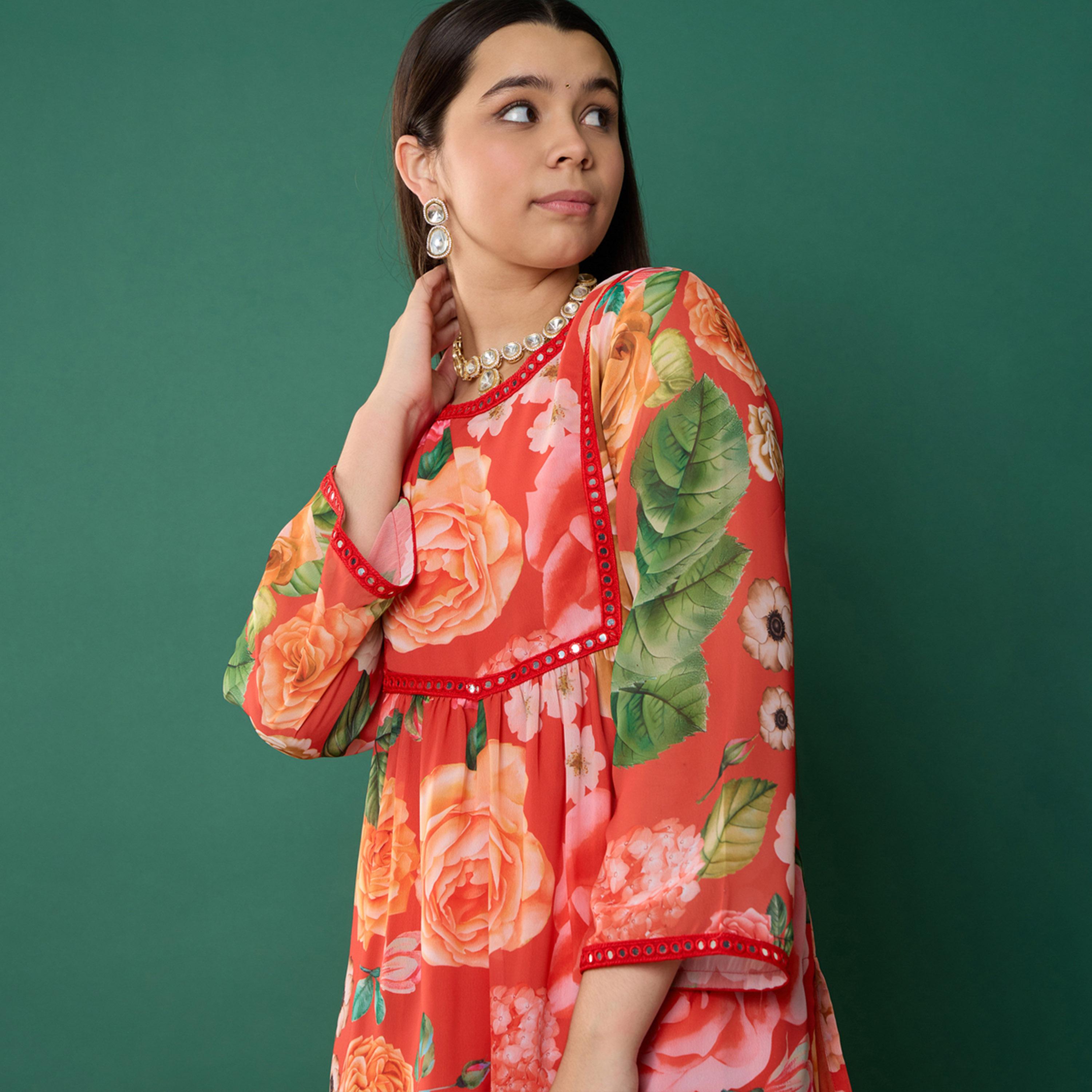 نوه-فوه × ستايلي - قميص كورتا قصير مورد مع بنطال شارارا - أحمر-girls-clothing-setsandcoords-image-2