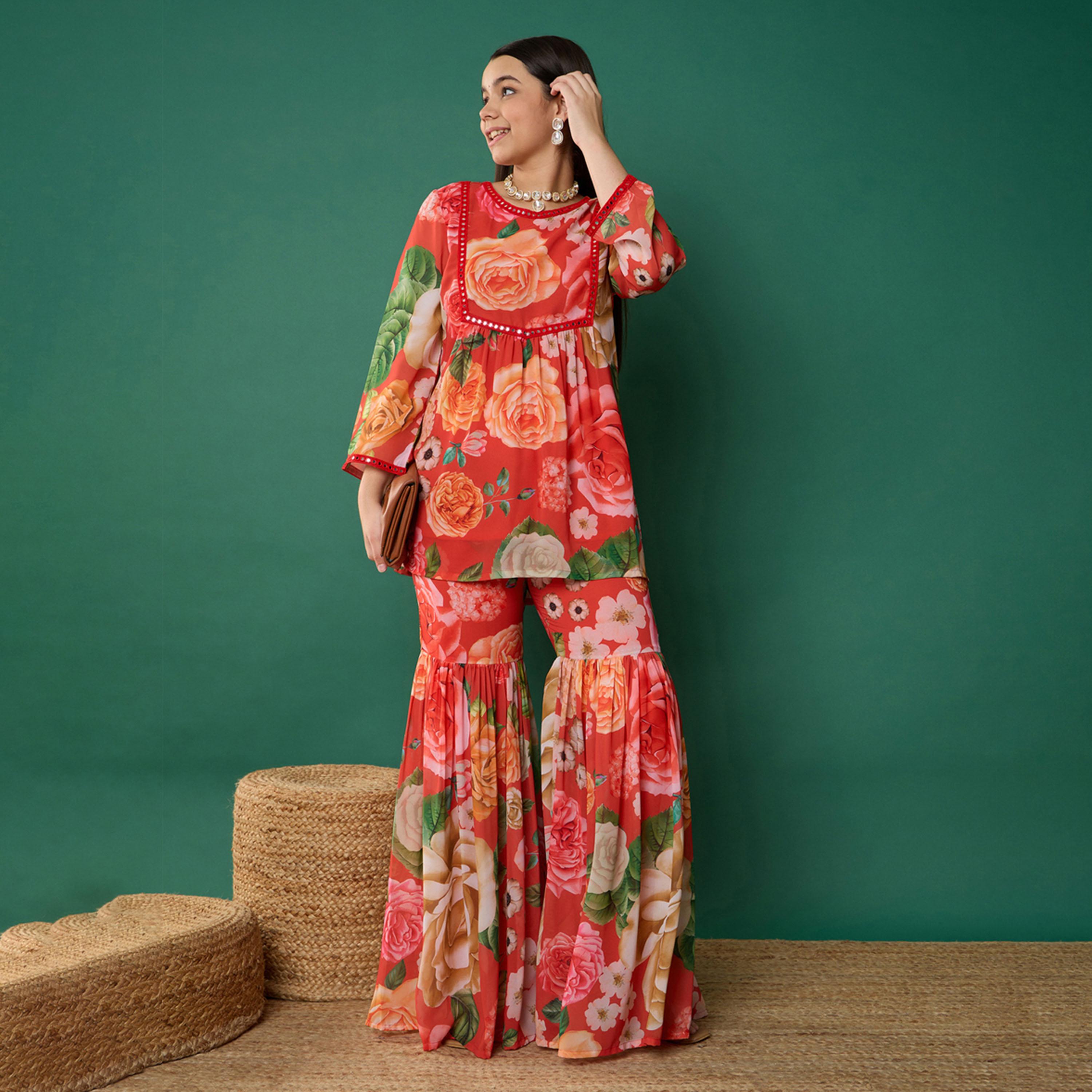 نوه-فوه × ستايلي - قميص كورتا قصير مورد مع بنطال شارارا - أحمر-girls-clothing-setsandcoords-image-4