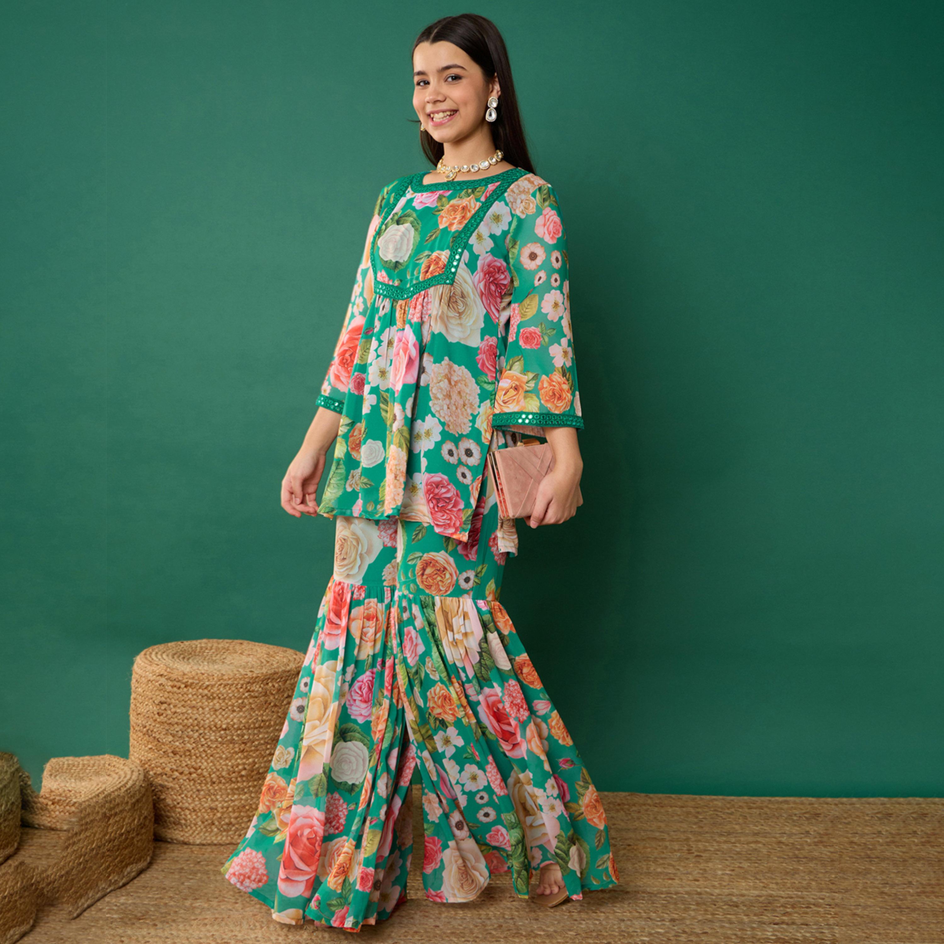Noh-Voh X Styli Green Floral Short Kurta With Sharara Pants-girls-clothing-setsandcoords-image-1