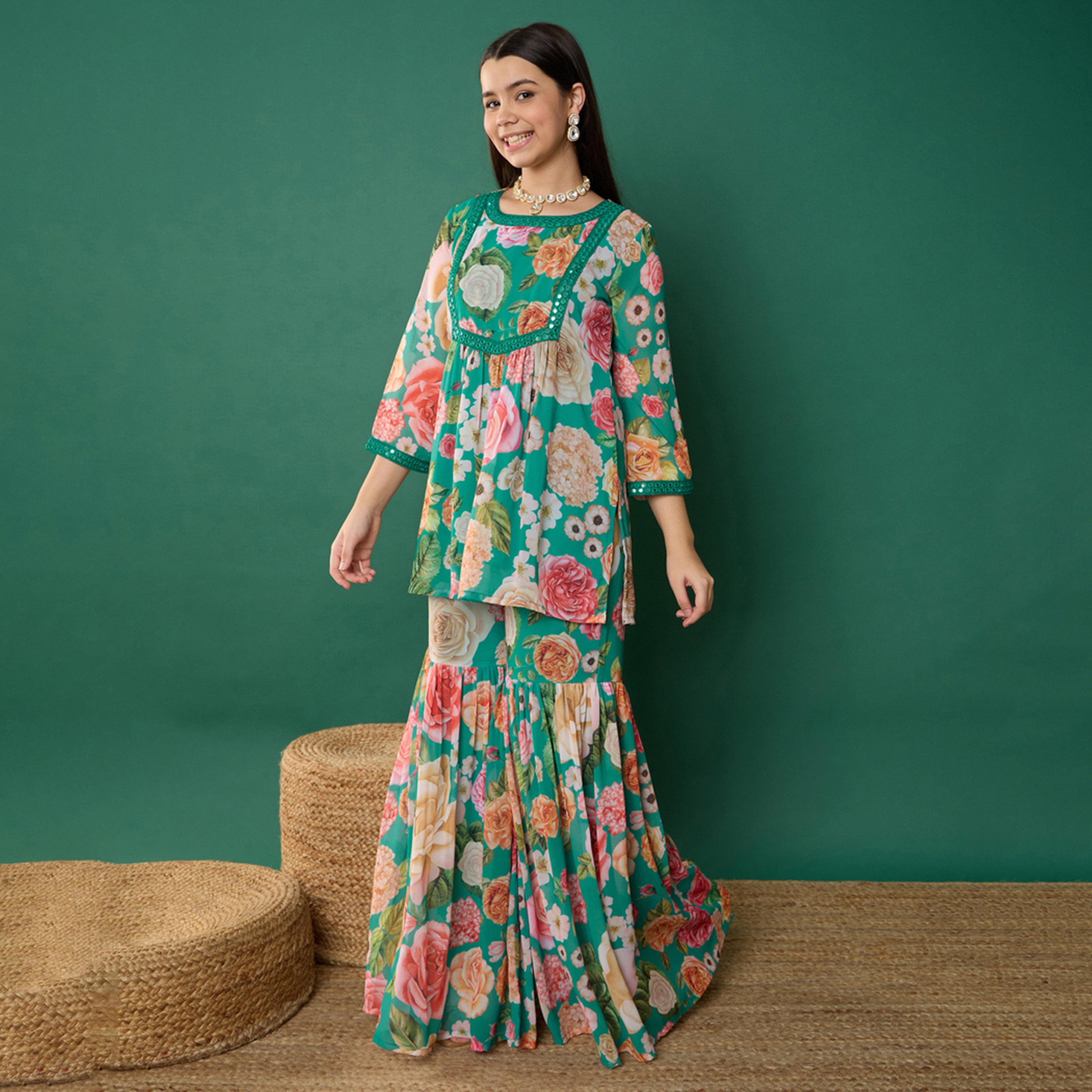 نوه-فوه × ستايلي - قميص كورتا قصير مورد مع بنطال شارارا - أخضر-girls-clothing-setsandcoords-image-3