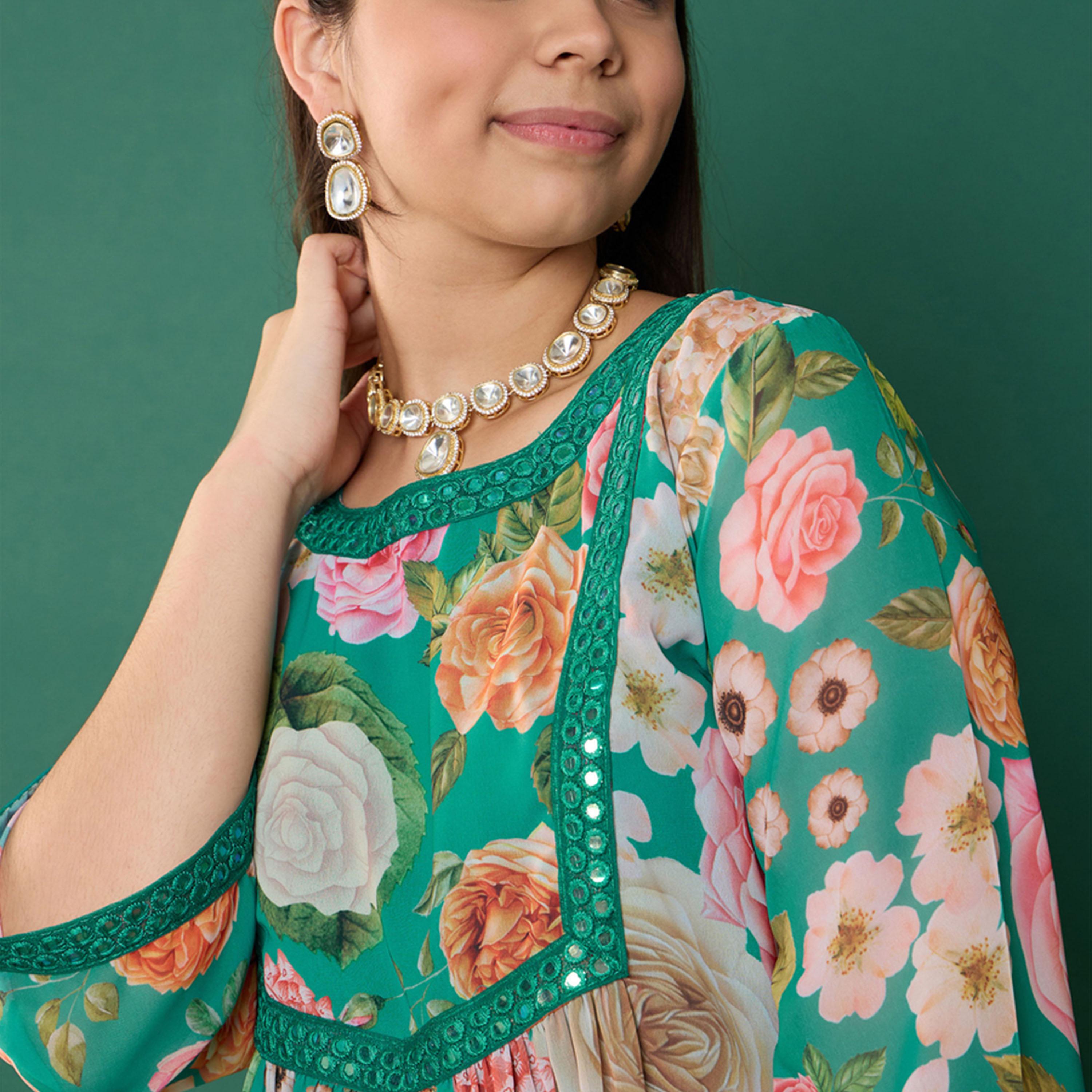 نوه-فوه × ستايلي - قميص كورتا قصير مورد مع بنطال شارارا - أخضر-girls-clothing-setsandcoords-image-4