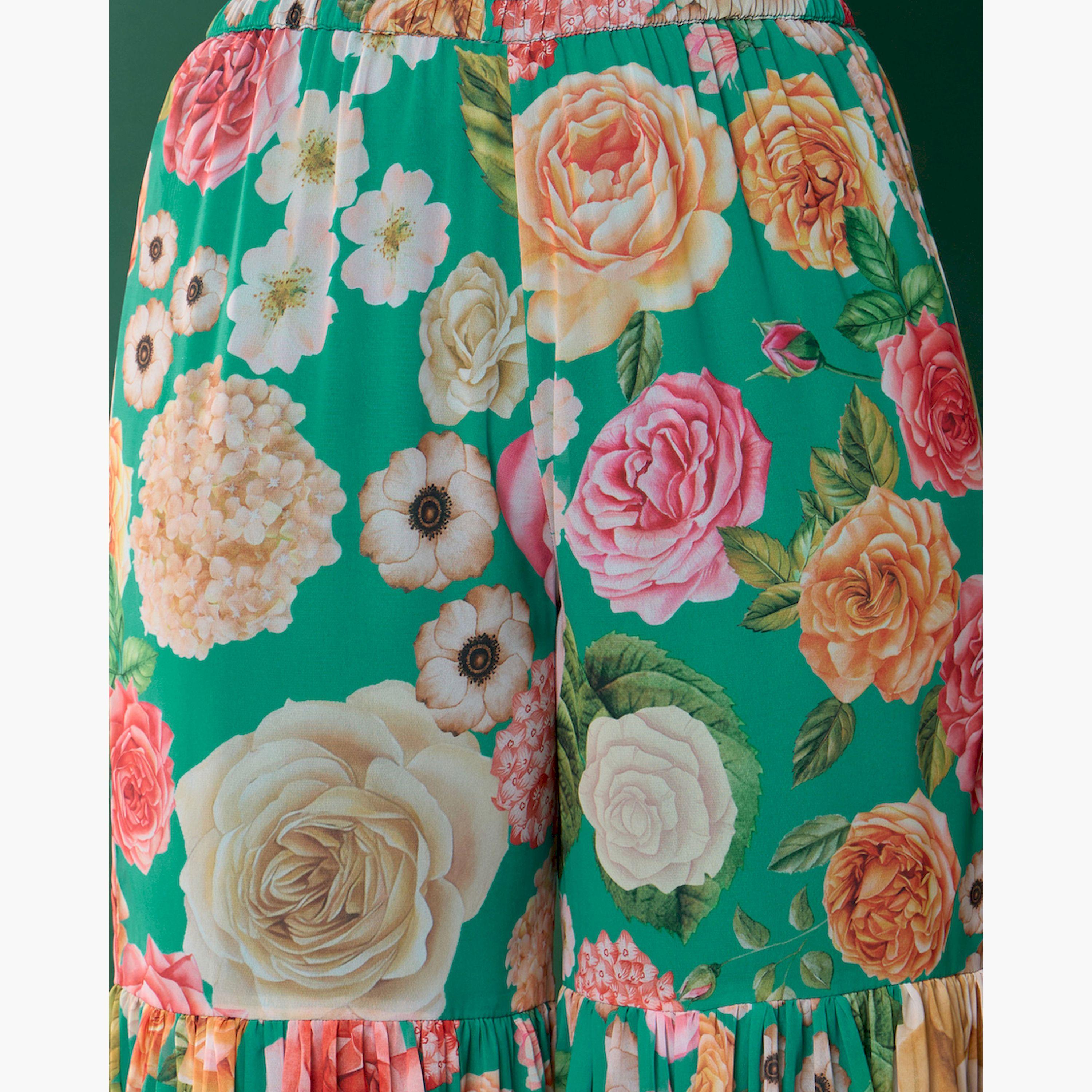 Noh-Voh X Styli Green Floral Short Kurta With Sharara Pants-girls-clothing-setsandcoords-image-5