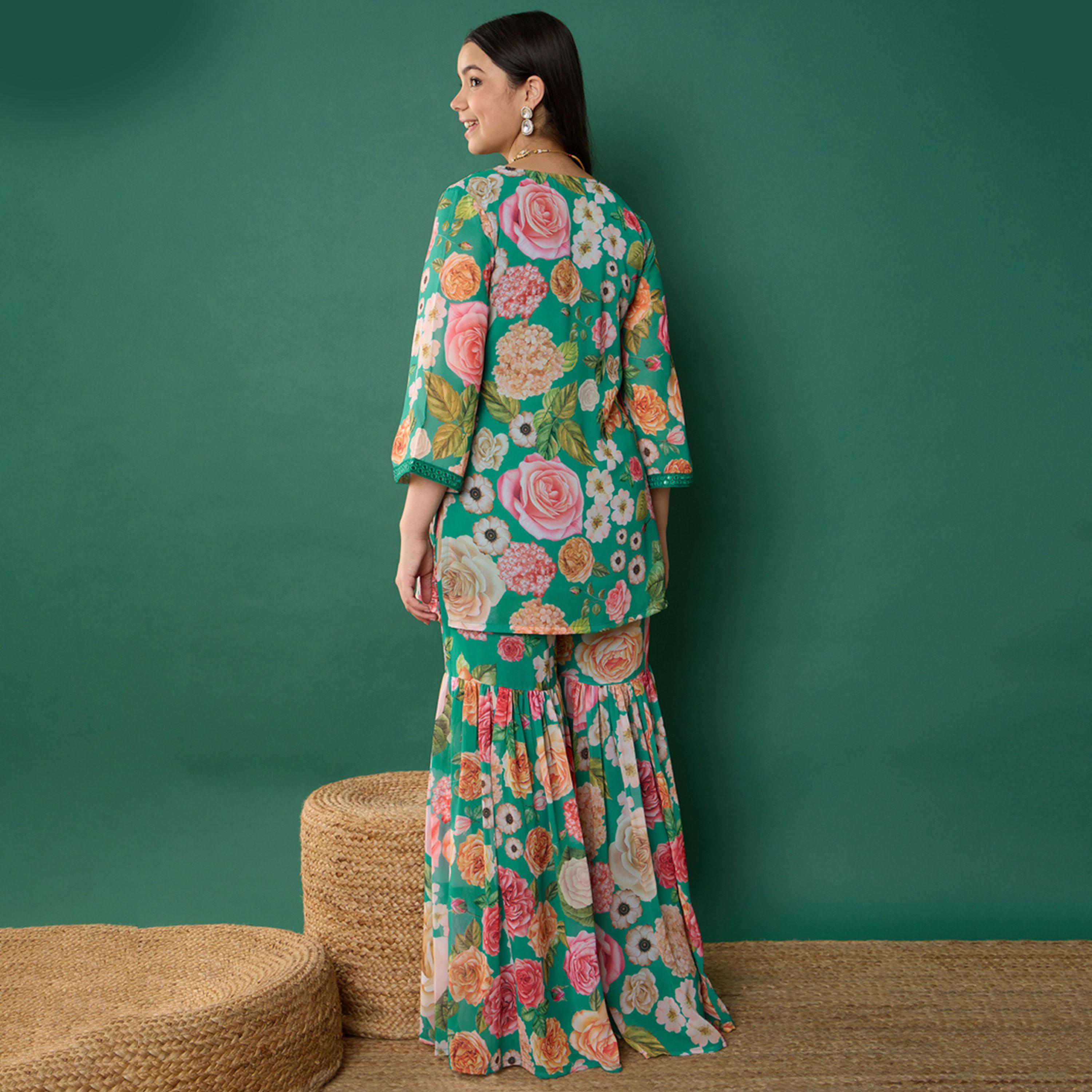 نوه-فوه × ستايلي - قميص كورتا قصير مورد مع بنطال شارارا - أخضر-girls-clothing-setsandcoords-image-6