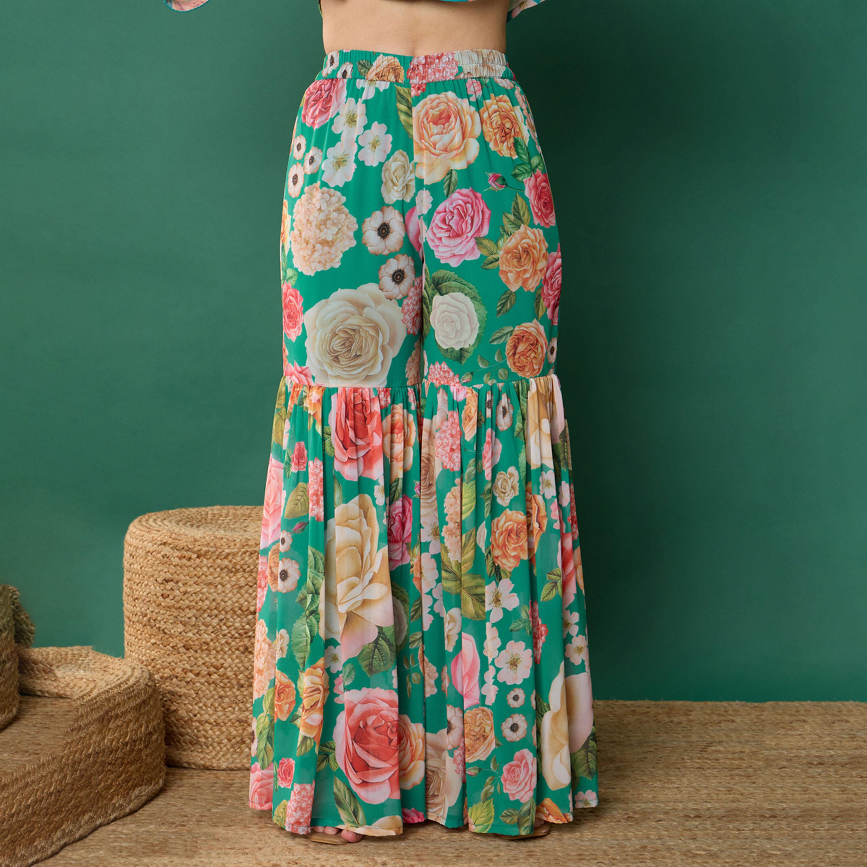 Noh-Voh X Styli Green Floral Short Kurta With Sharara Pants-girls-clothing-setsandcoords-image-7