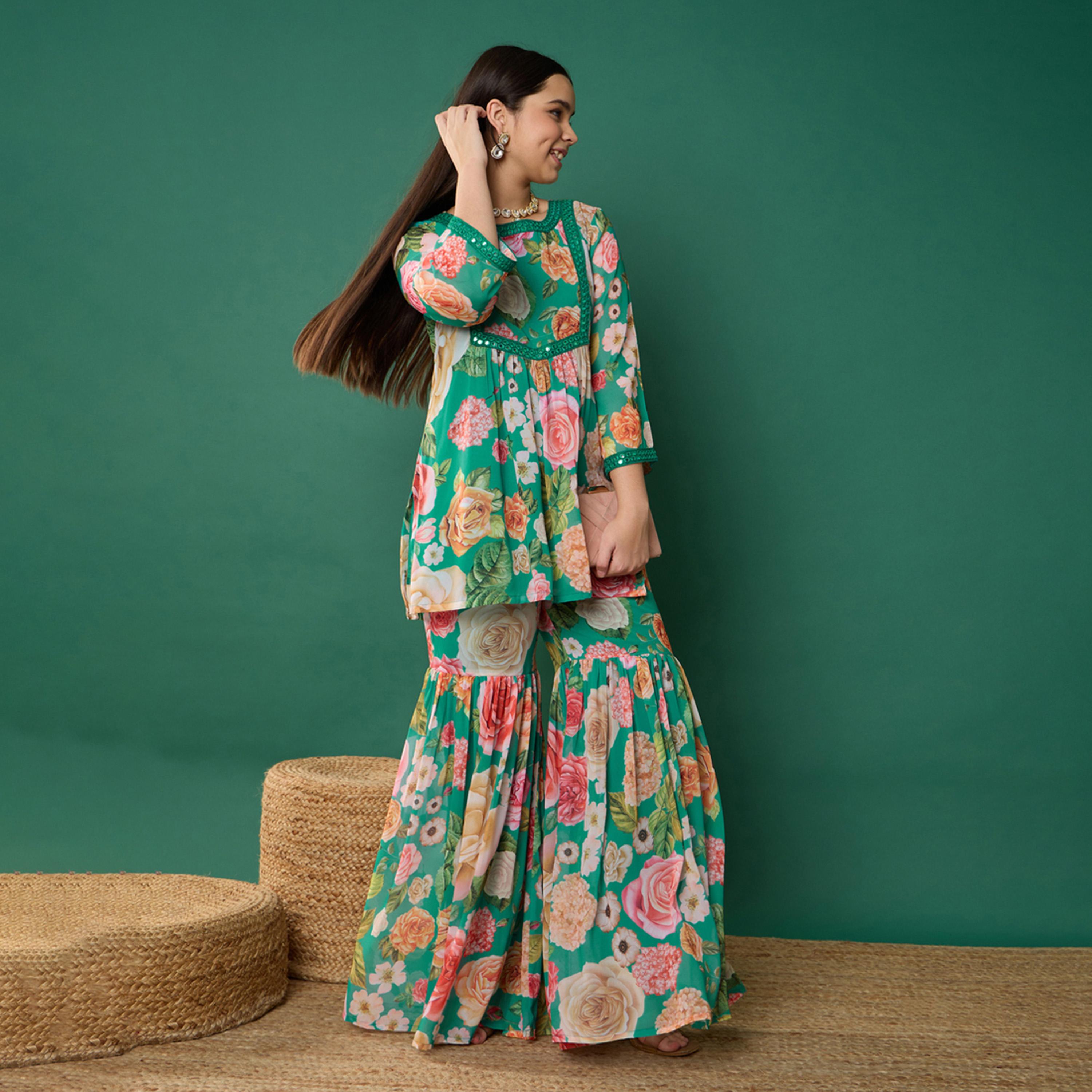 نوه-فوه × ستايلي - قميص كورتا قصير مورد مع بنطال شارارا - أخضر-girls-clothing-setsandcoords-image-8