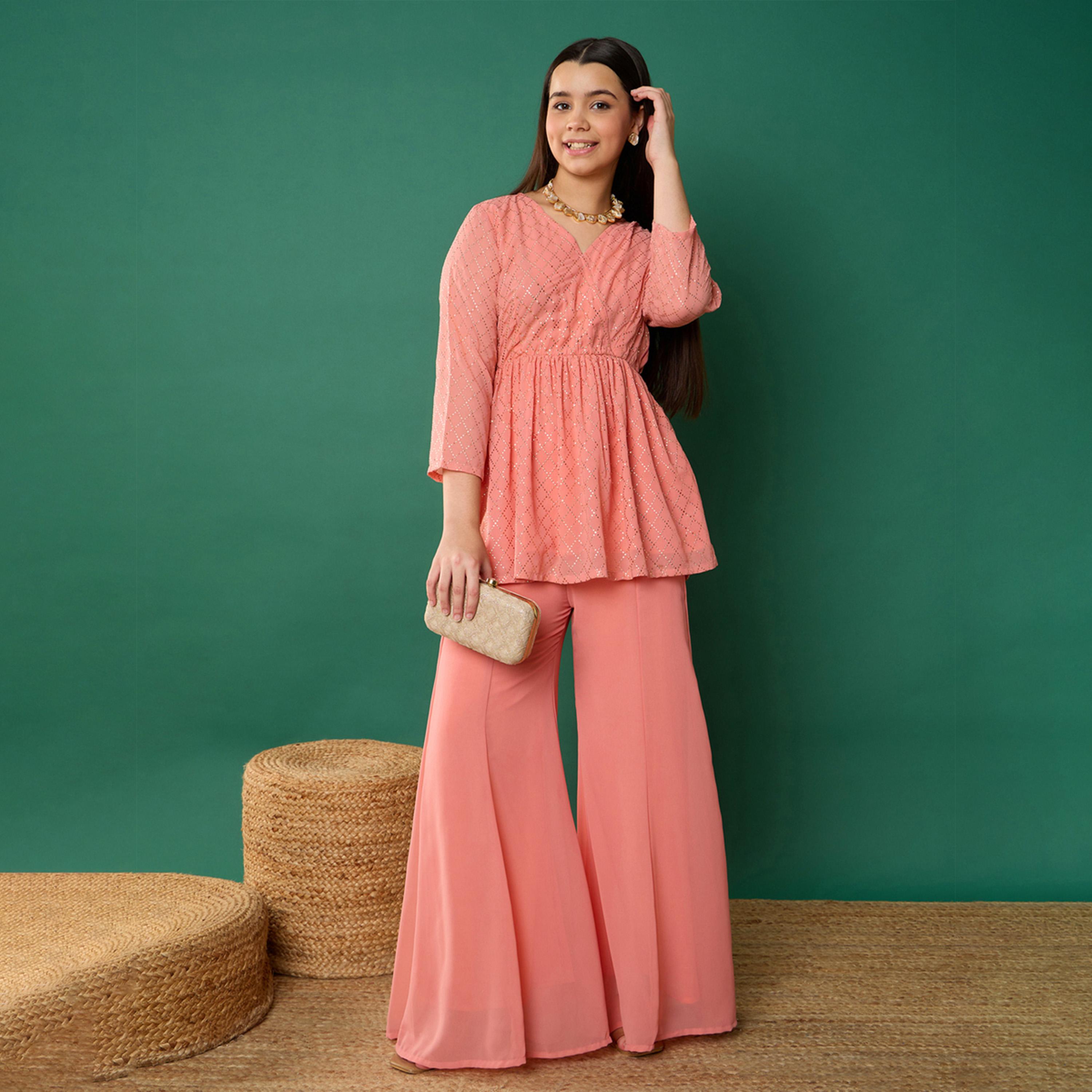 Noh-Voh X Styli Pink Mukesh Wrap Peplum Top With Palazzos-girls-clothing-setsandcoords-image-1