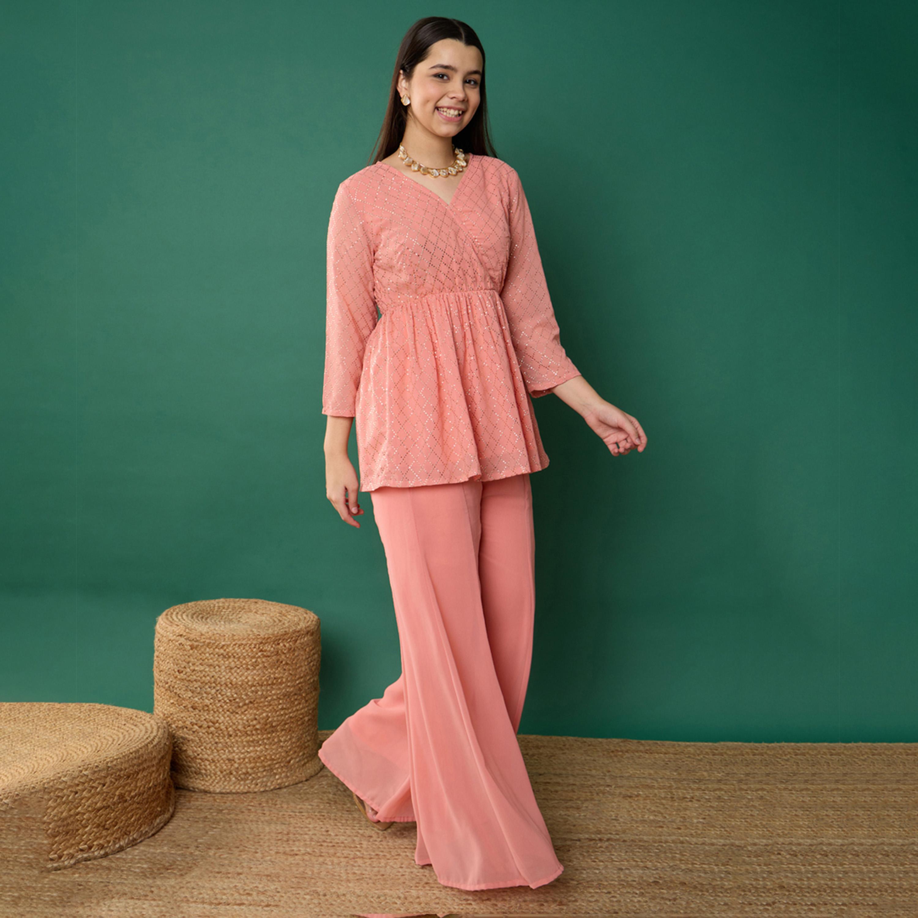 Noh-Voh X Styli Pink Mukesh Wrap Peplum Top With Palazzos-girls-clothing-setsandcoords-image-2