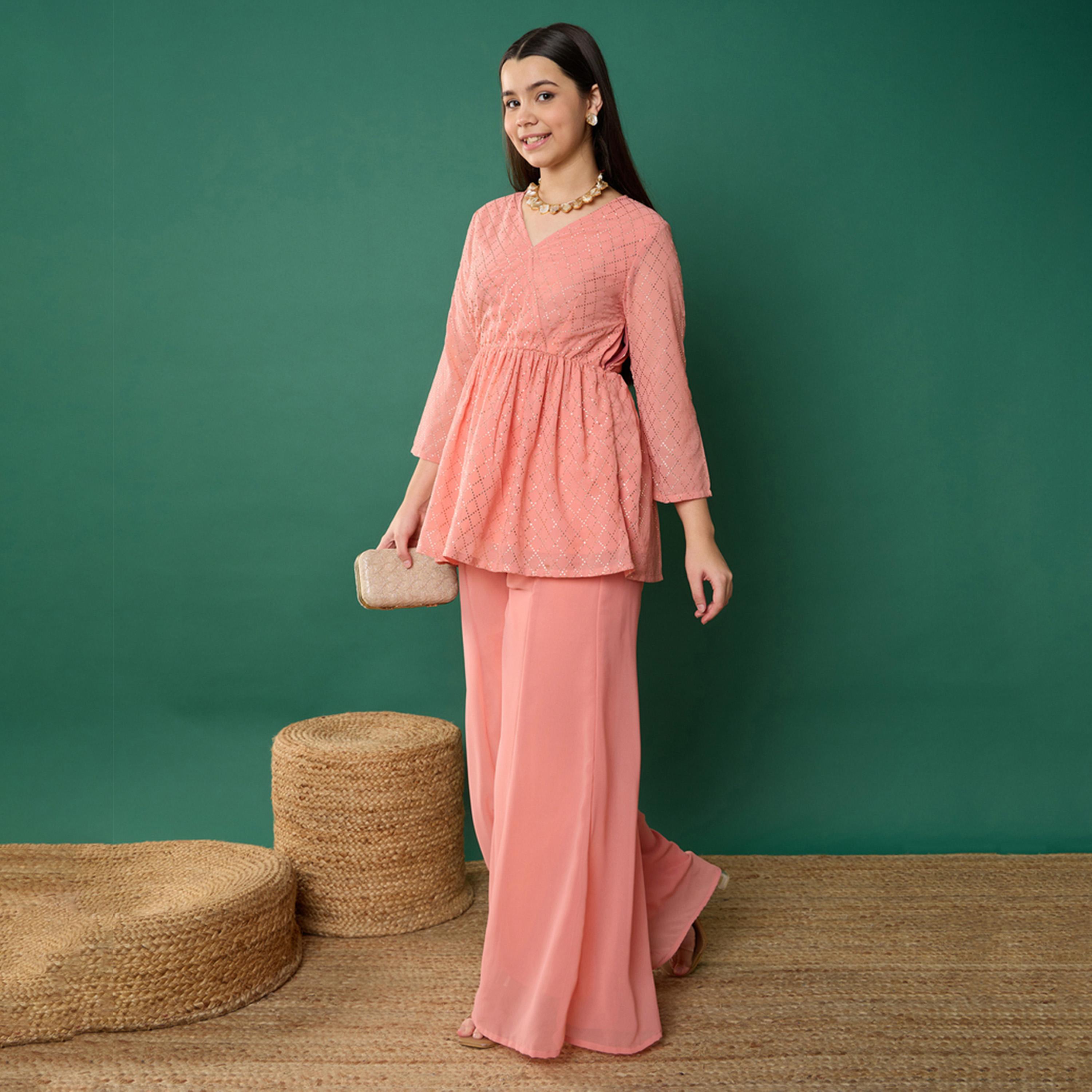 Noh-Voh X Styli Pink Mukesh Wrap Peplum Top With Palazzos-girls-clothing-setsandcoords-image-3