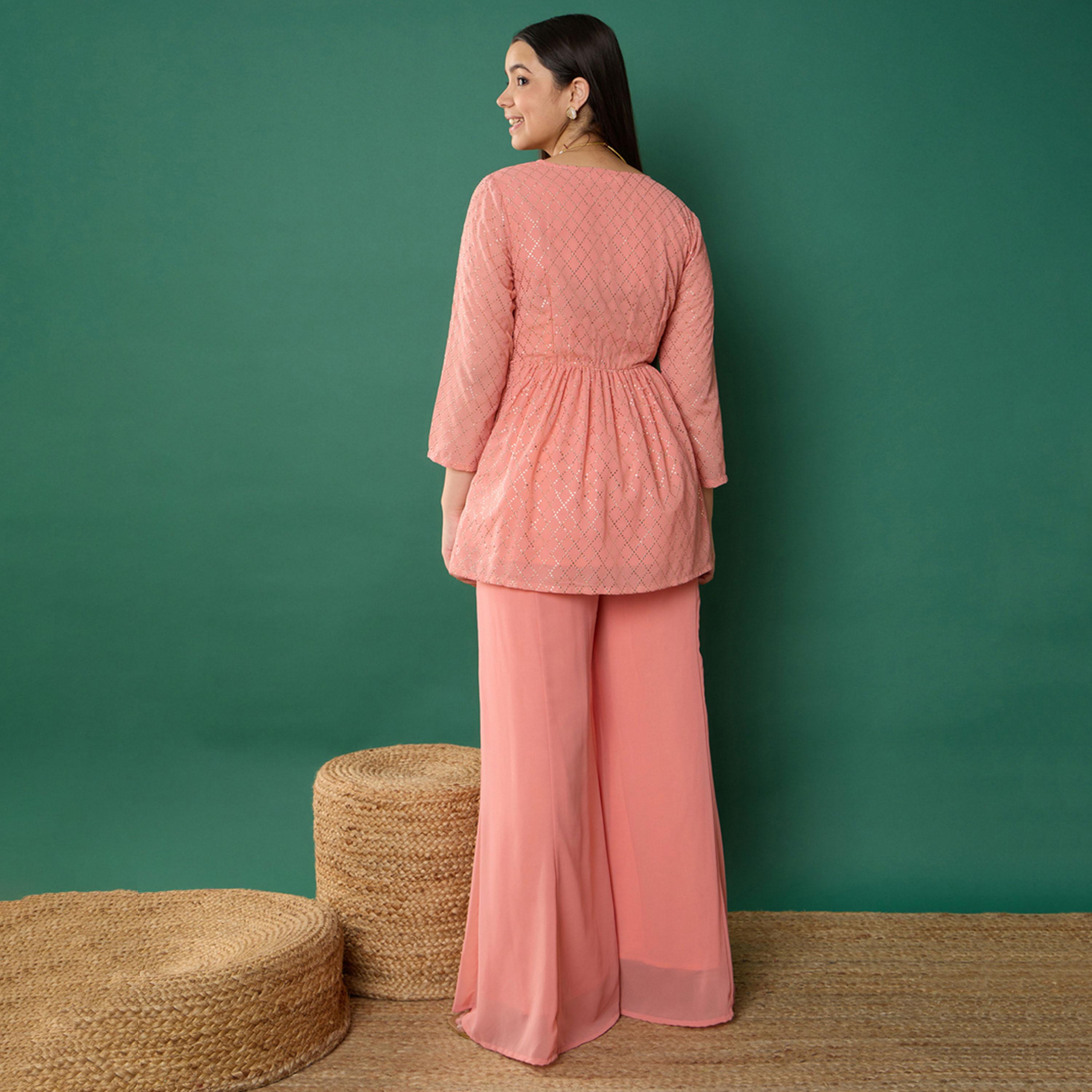 Noh-Voh X Styli Pink Mukesh Wrap Peplum Top With Palazzos-girls-clothing-setsandcoords-image-6