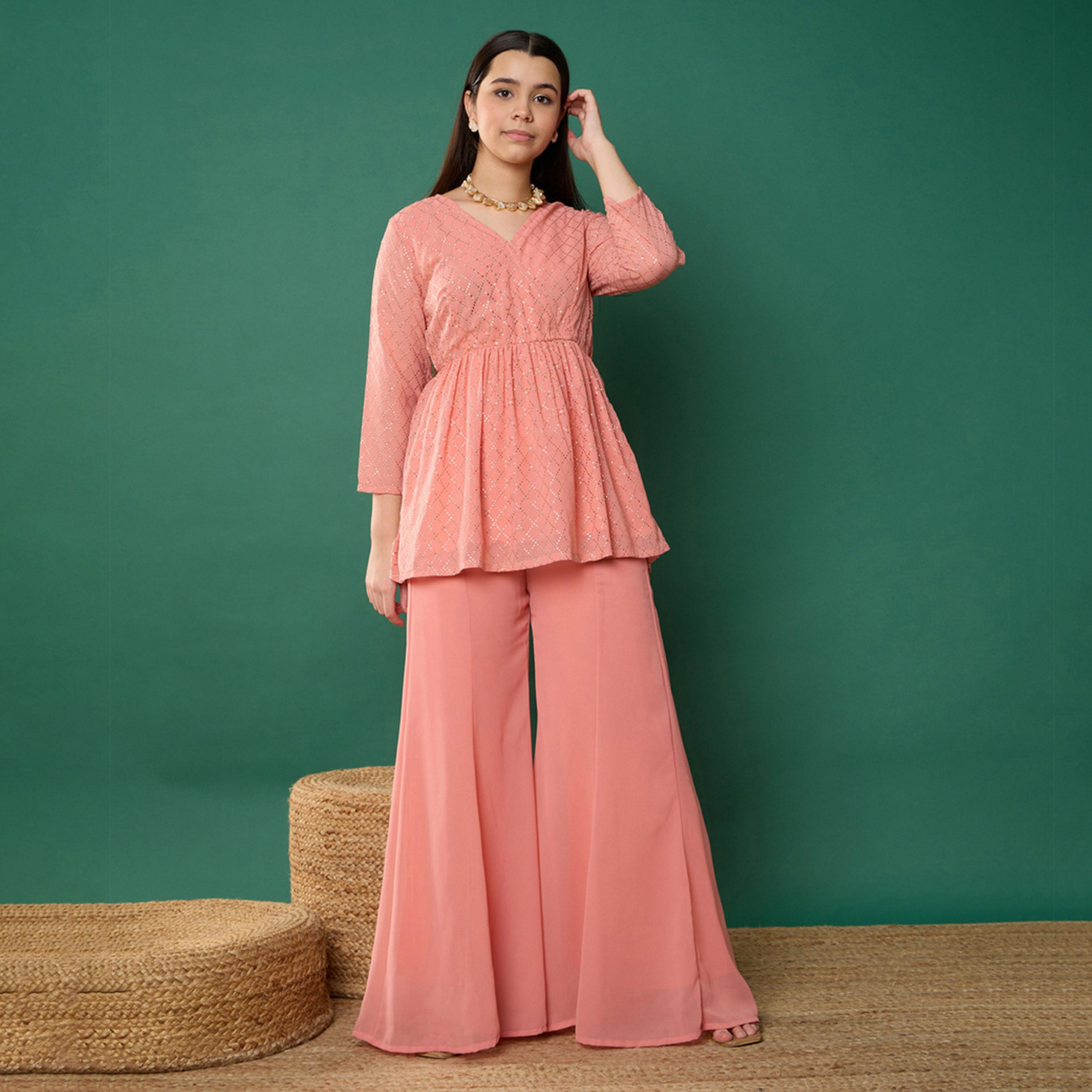 Noh-Voh X Styli Pink Mukesh Wrap Peplum Top With Palazzos-girls-clothing-setsandcoords-image-8