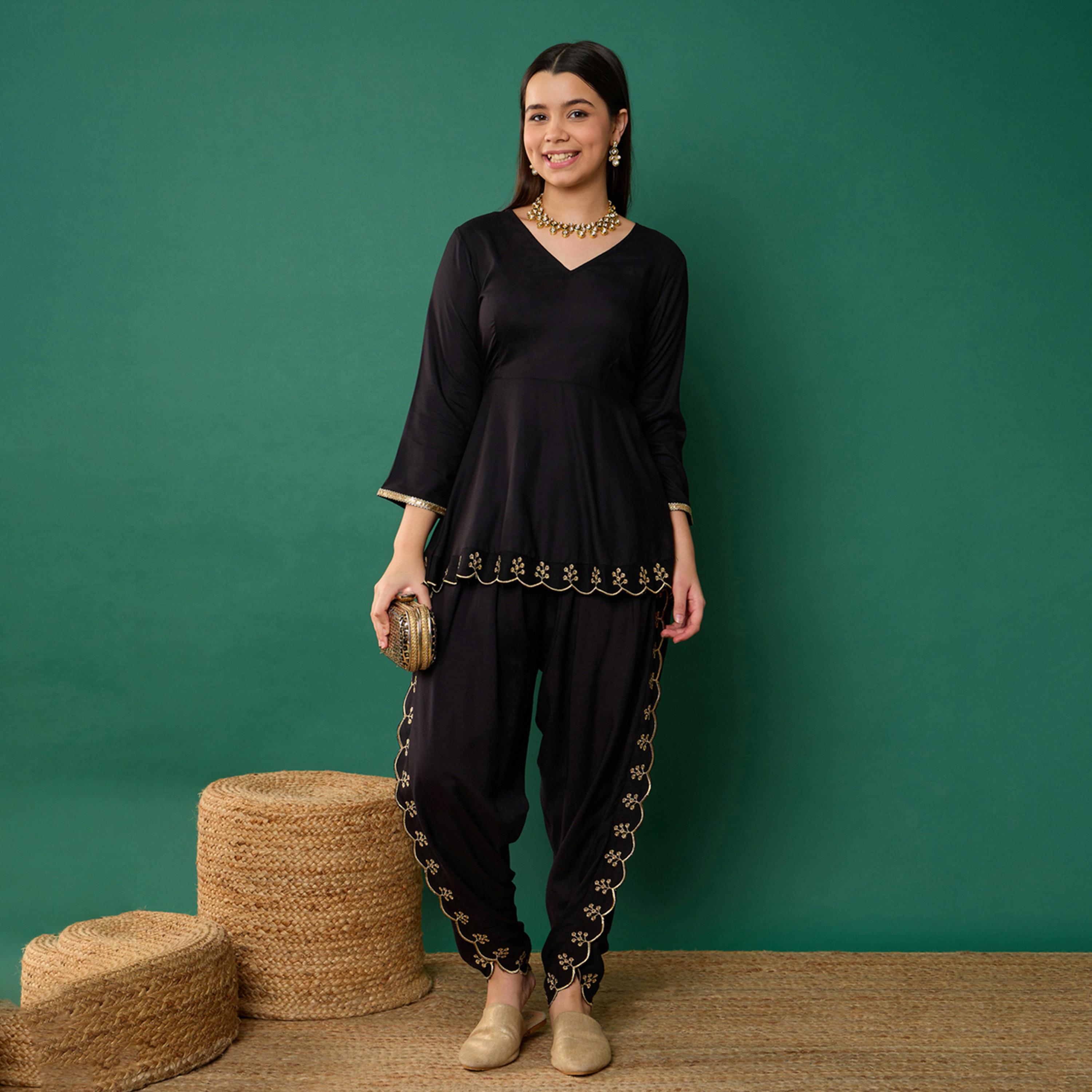 Noh-Voh X Styli Black Solid Peplum Top With Dhoti Pants-girls-clothing-setsandcoords-image-1