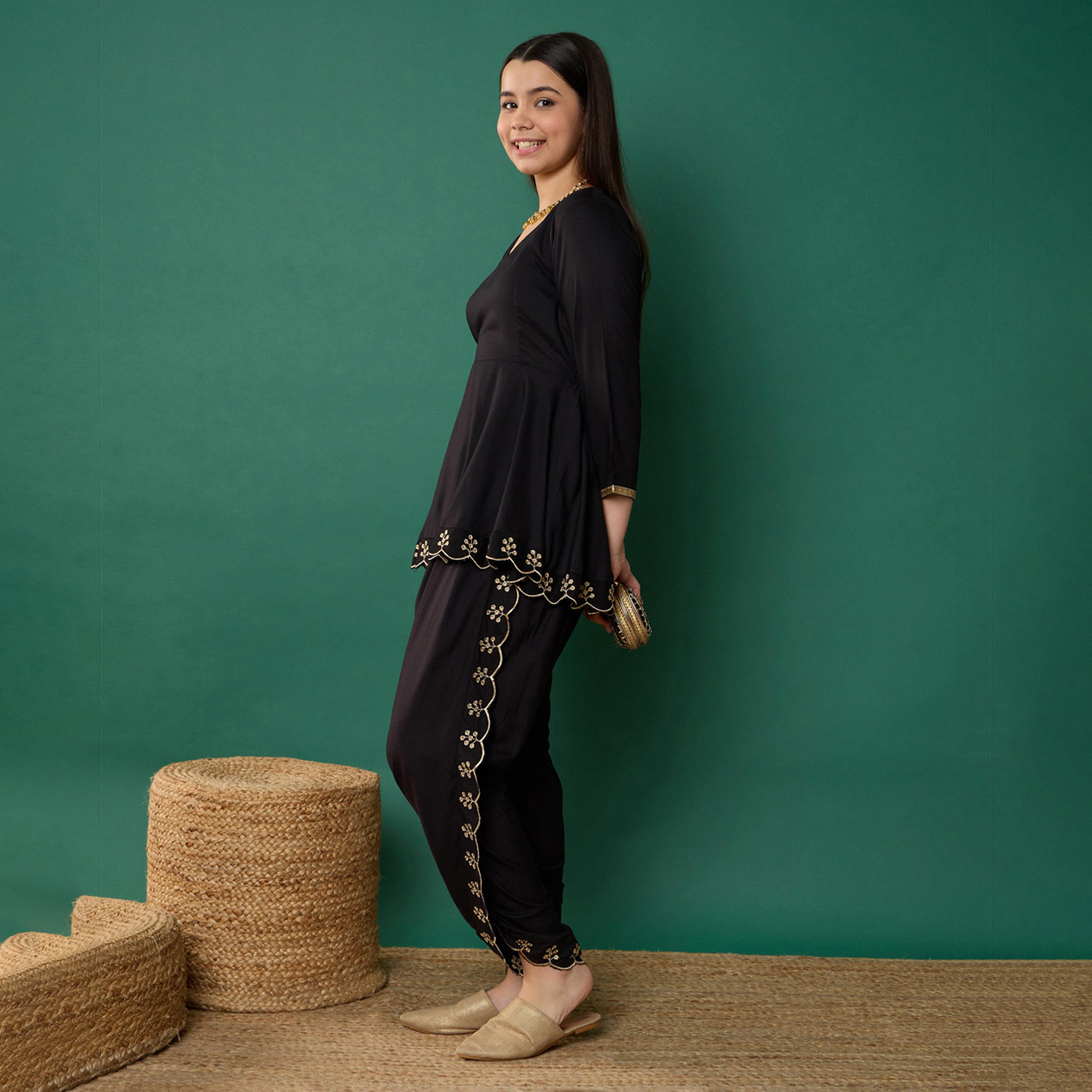 Noh-Voh X Styli Black Solid Peplum Top With Dhoti Pants-girls-clothing-setsandcoords-image-2