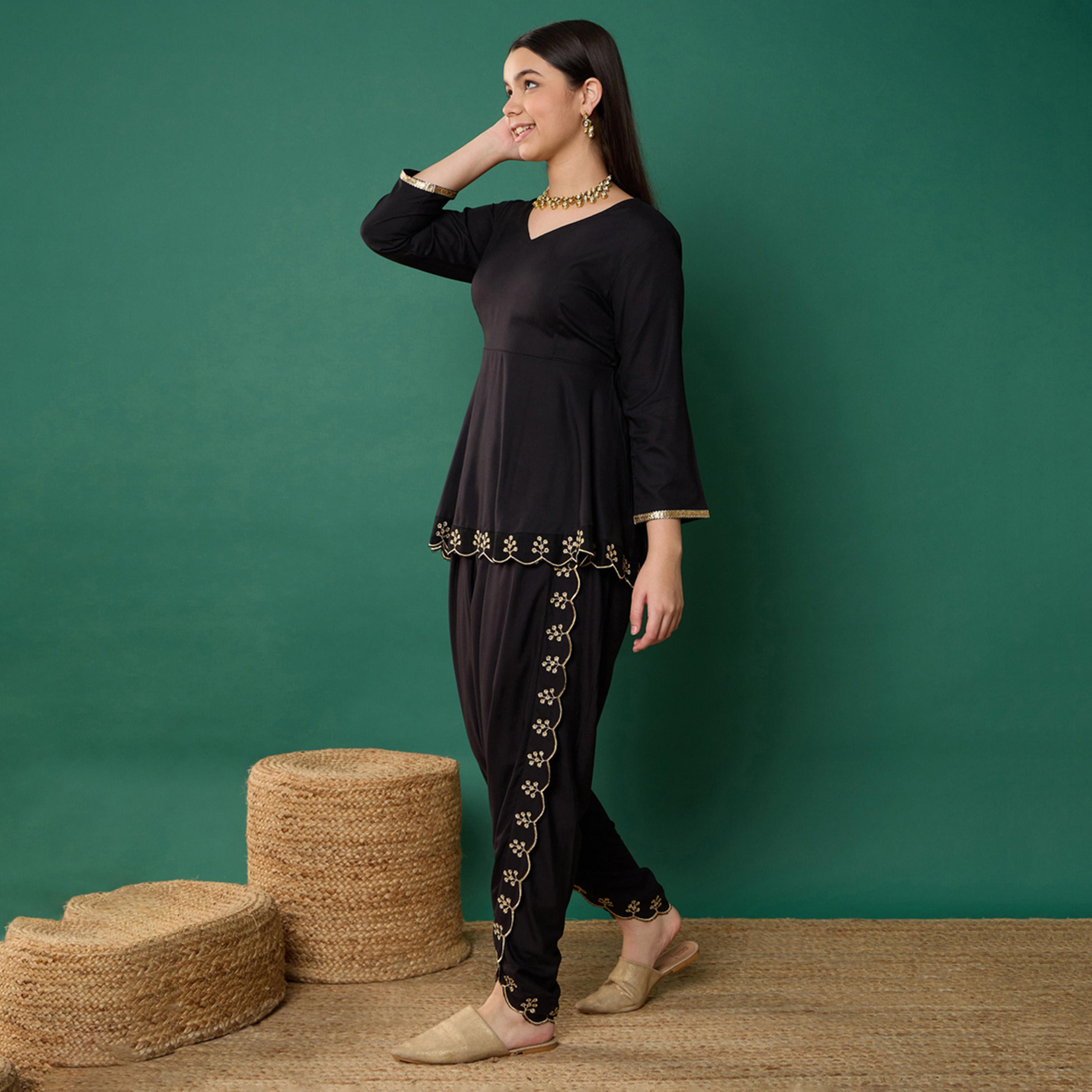 Noh-Voh X Styli Black Solid Peplum Top With Dhoti Pants-girls-clothing-setsandcoords-image-3