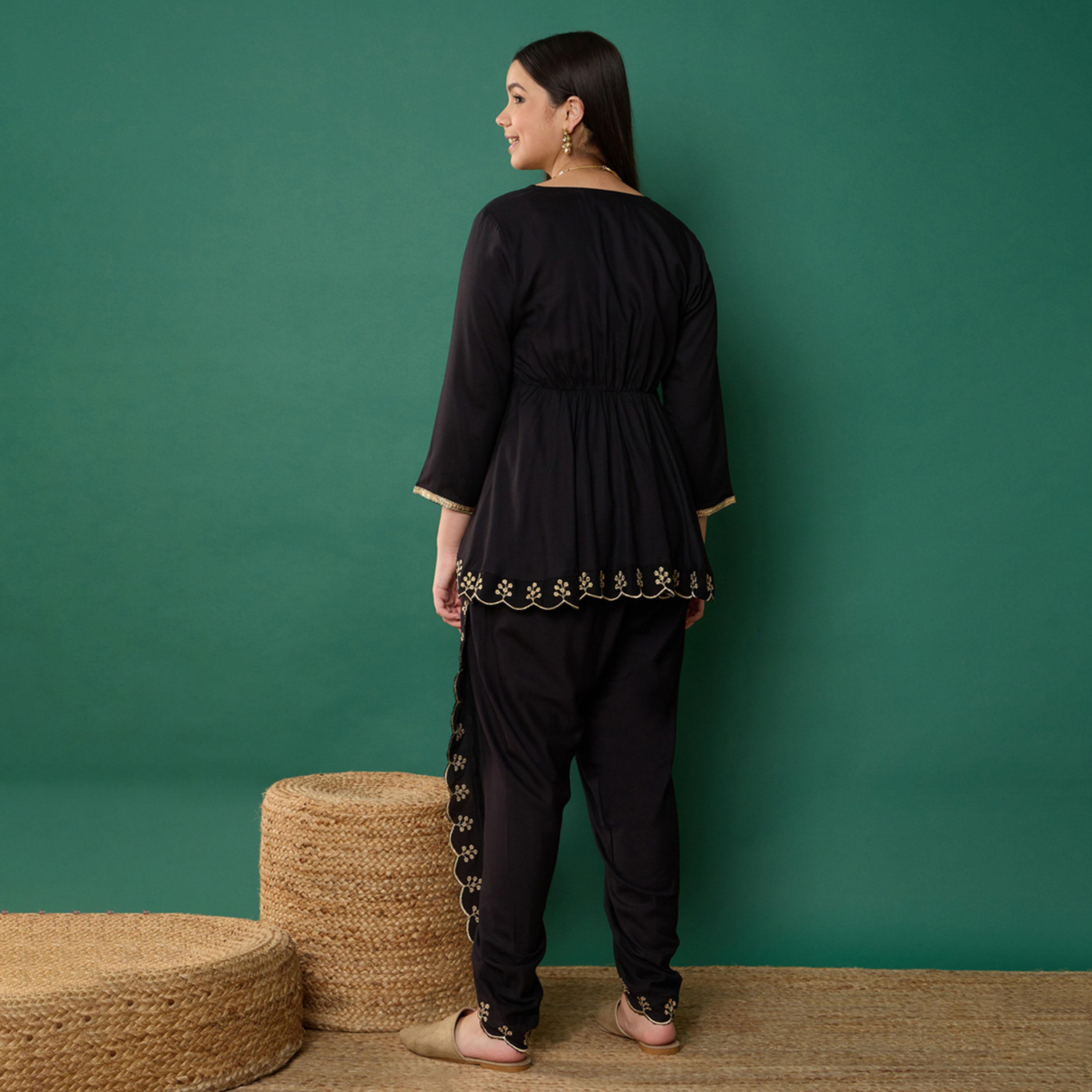Noh-Voh X Styli Black Solid Peplum Top With Dhoti Pants-girls-clothing-setsandcoords-image-6