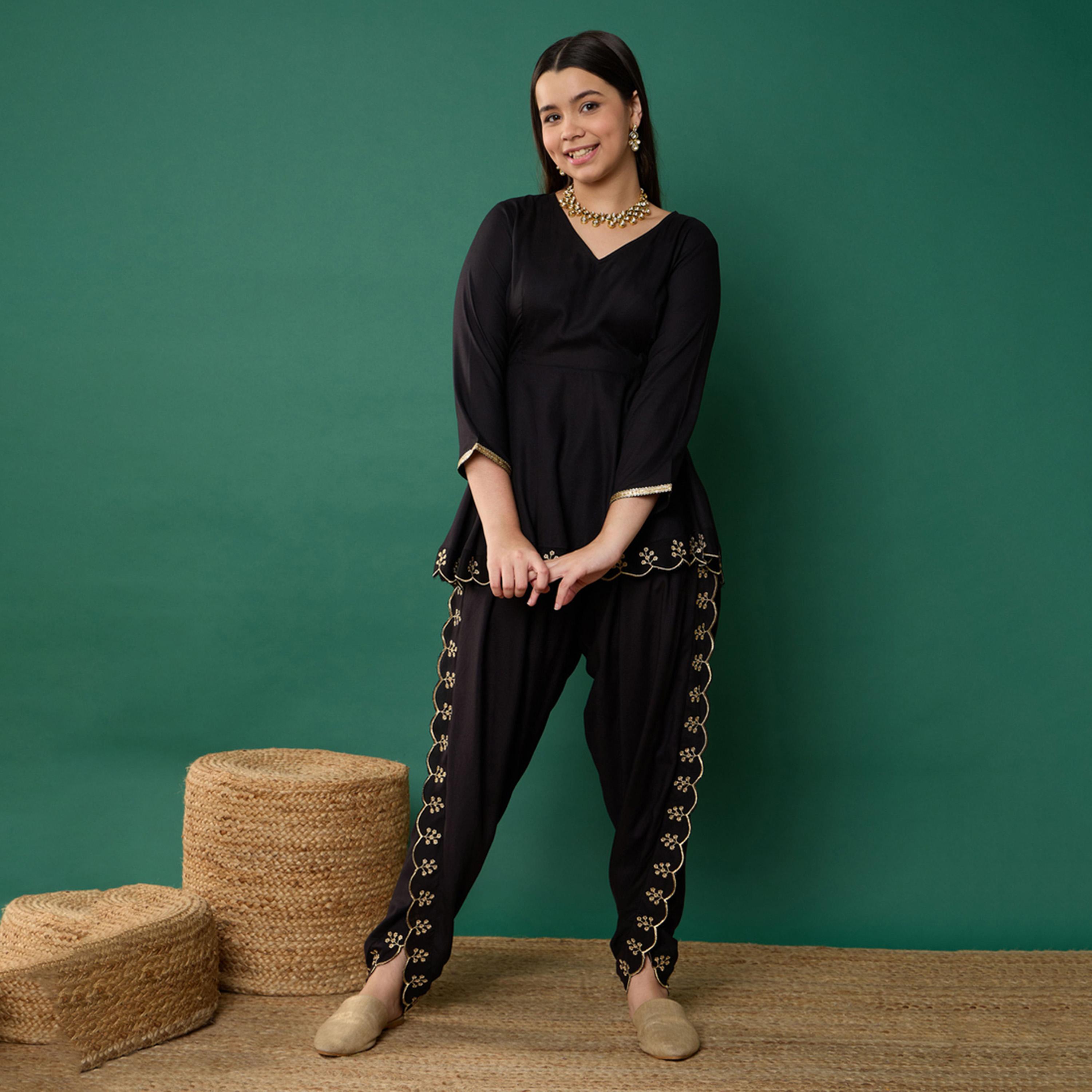 Noh-Voh X Styli Black Solid Peplum Top With Dhoti Pants-girls-clothing-setsandcoords-image-8