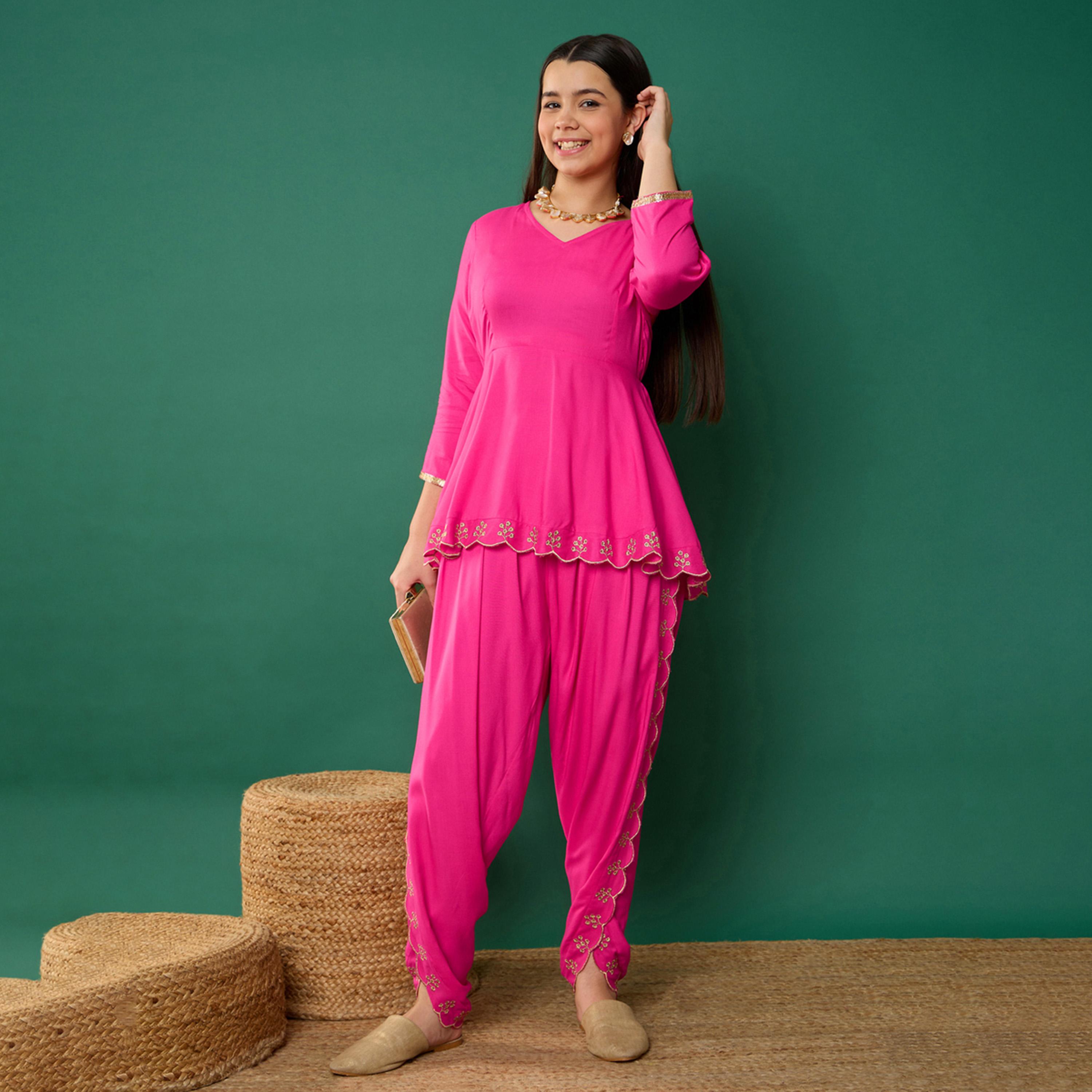 Noh-Voh X Styli Fuchsia Solid Peplum Top With Dhoti Pants-girls-clothing-setsandcoords-image-1