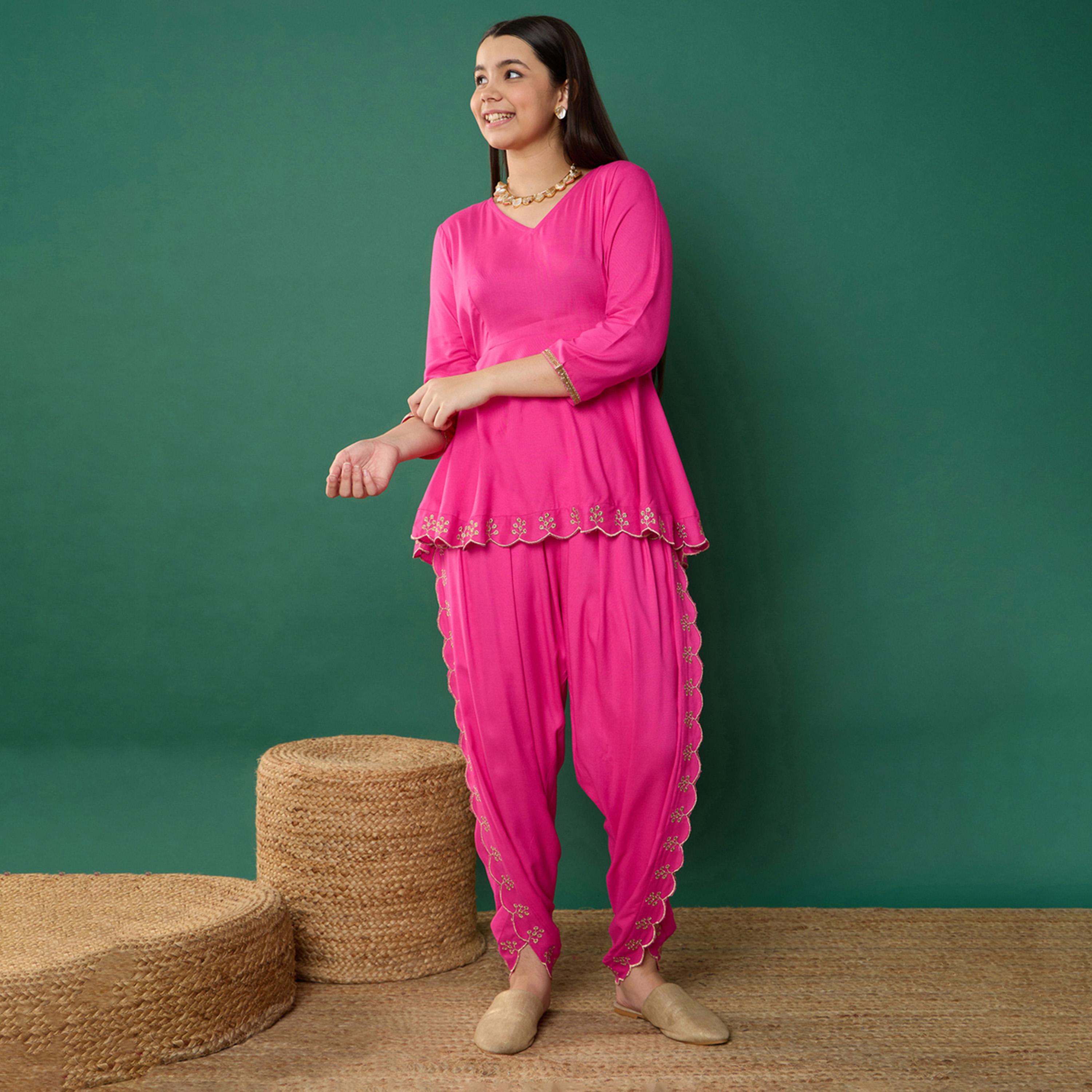 نوه-فوه × ستايلي - قميص فوشي سادة مع بنطال دوتي-girls-clothing-setsandcoords-image-2