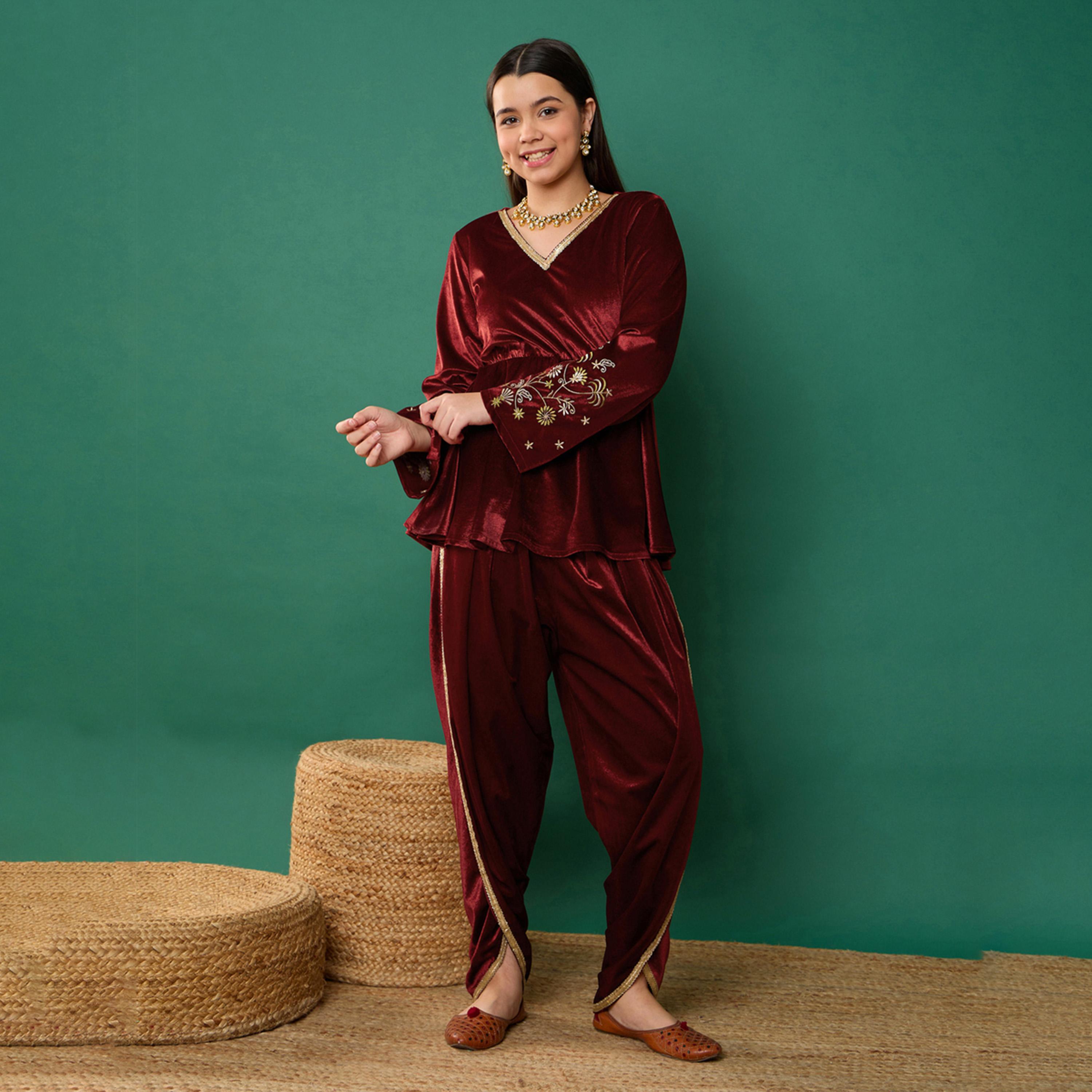 Noh-Voh X Styli Maroon Velvet Emb Peplum Top With Dhoti Pants-girls-clothing-setsandcoords-image-1