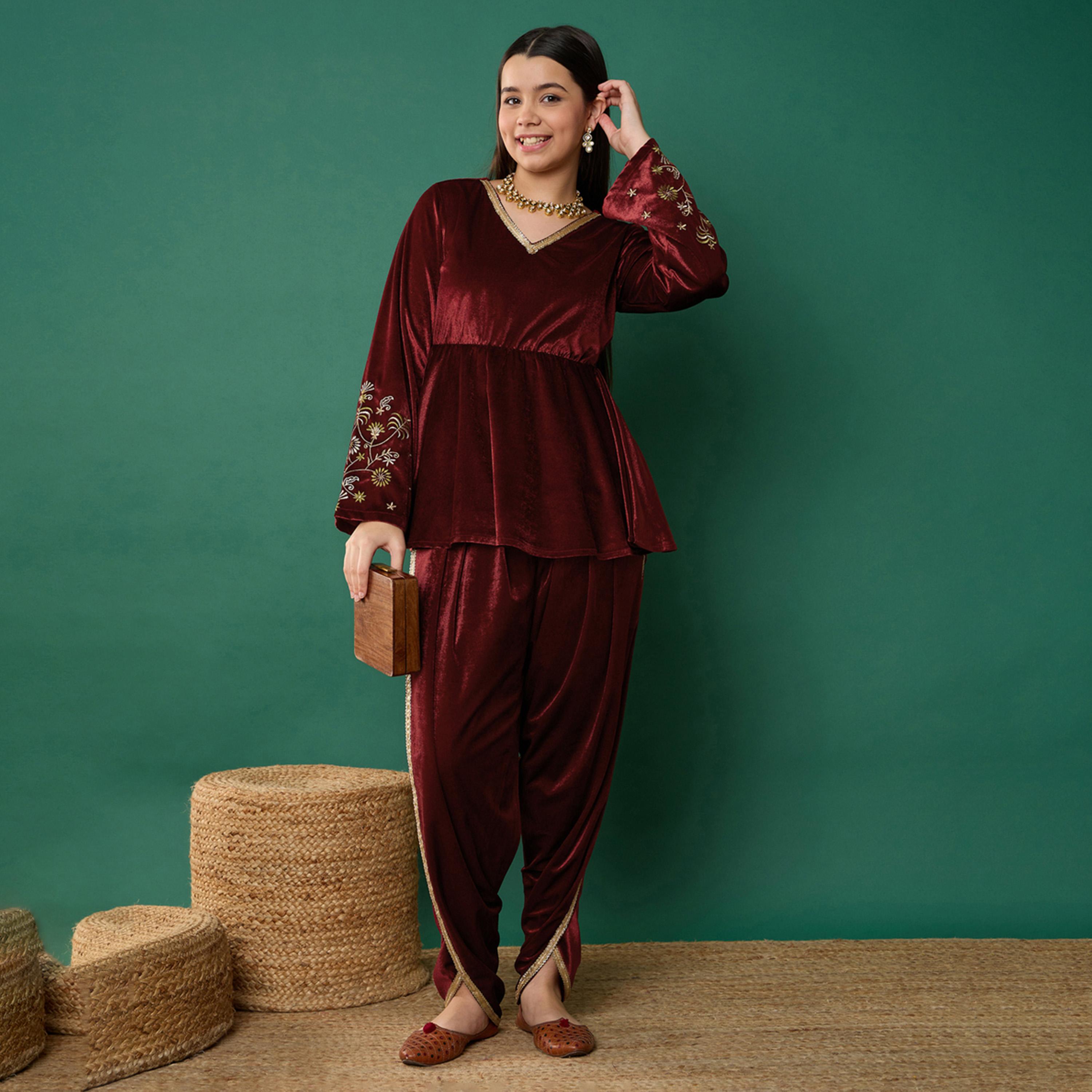 Noh-Voh X Styli Maroon Velvet Emb Peplum Top With Dhoti Pants-girls-clothing-setsandcoords-image-2