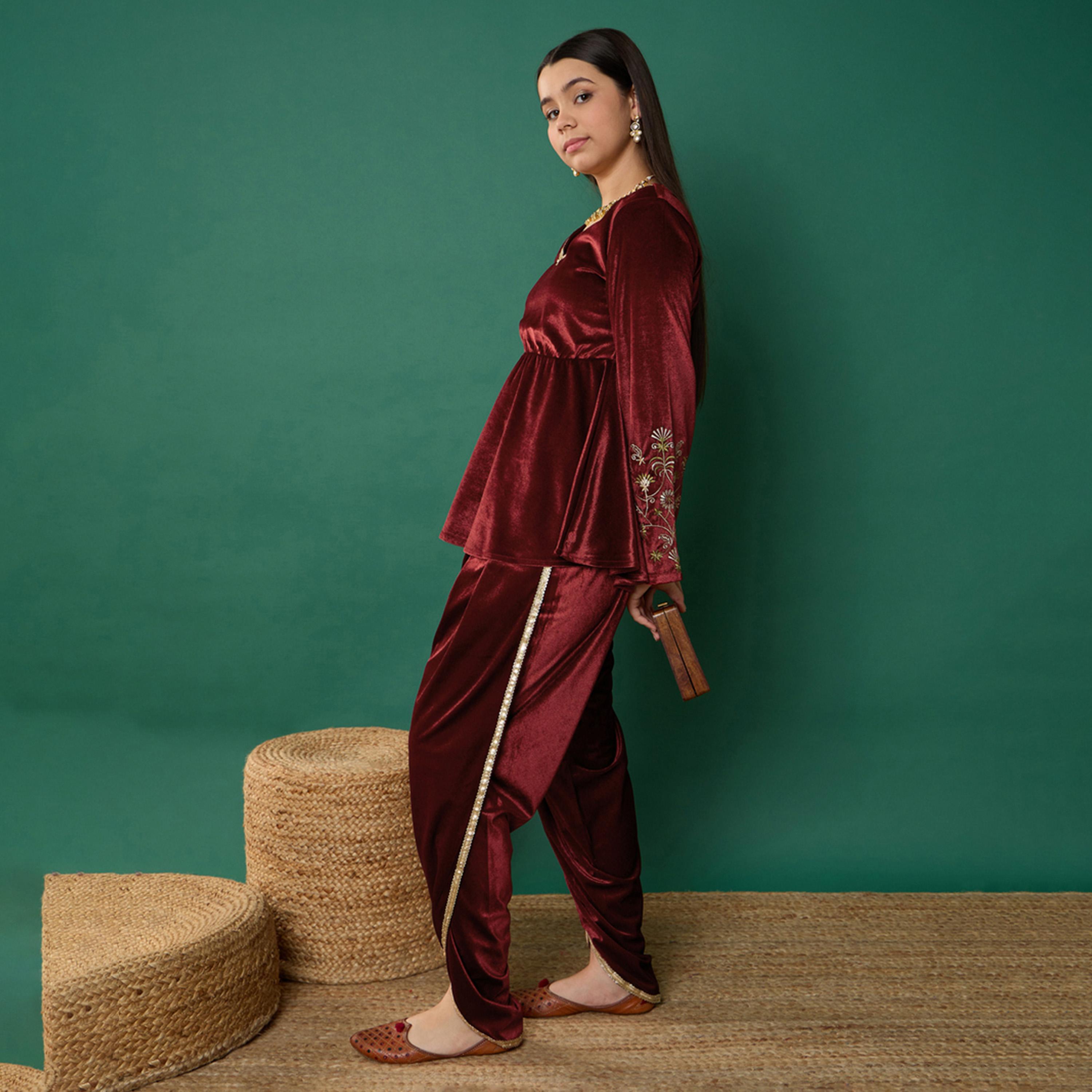 Noh-Voh X Styli Maroon Velvet Emb Peplum Top With Dhoti Pants-girls-clothing-setsandcoords-image-3
