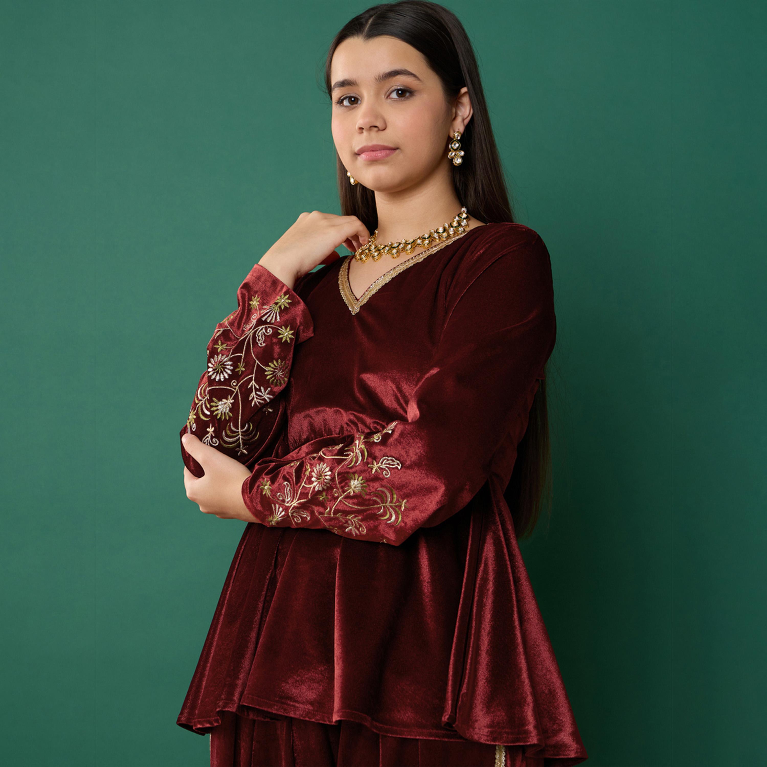 Noh-Voh X Styli Maroon Velvet Emb Peplum Top With Dhoti Pants-girls-clothing-setsandcoords-image-4