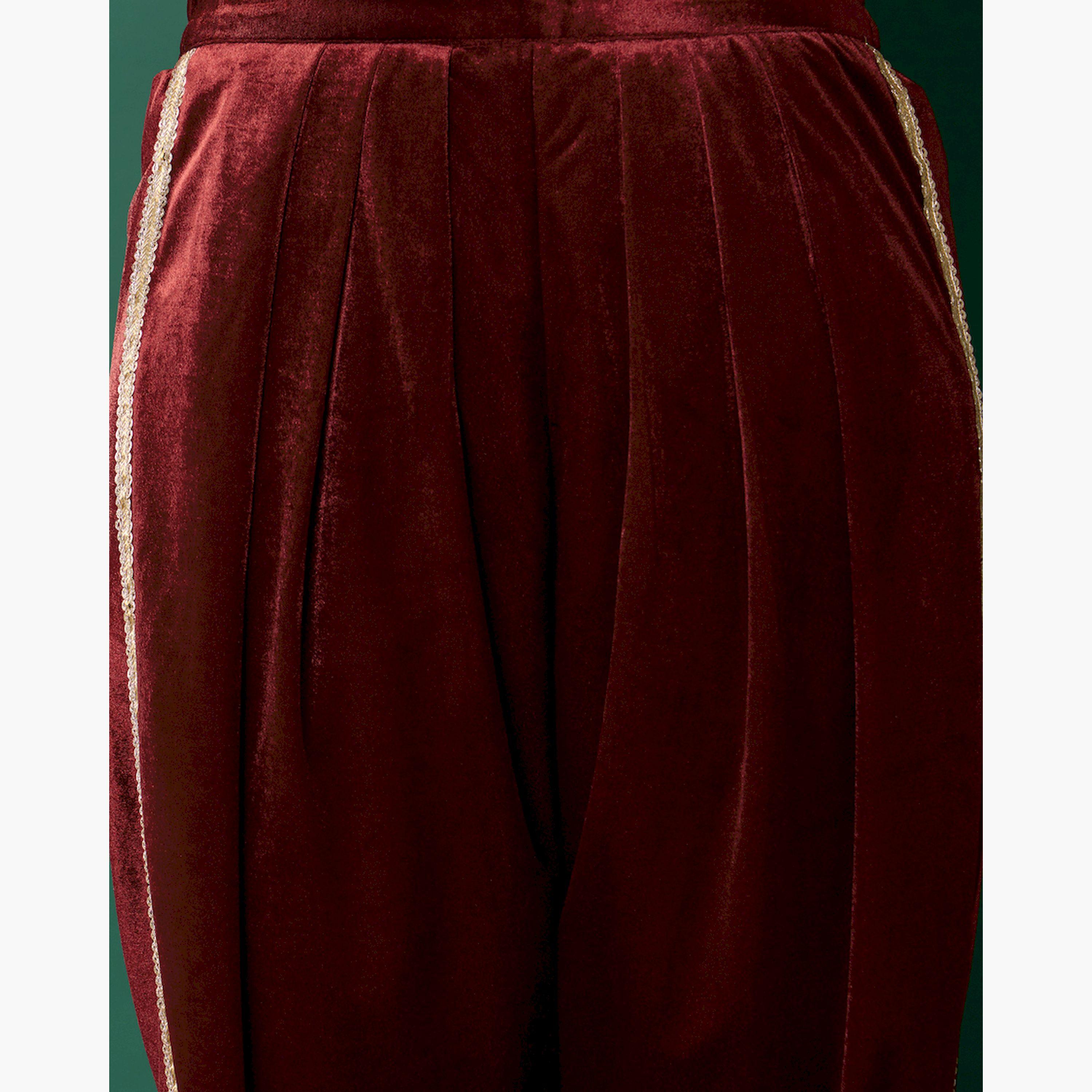 Noh-Voh X Styli Maroon Velvet Emb Peplum Top With Dhoti Pants-girls-clothing-setsandcoords-image-5