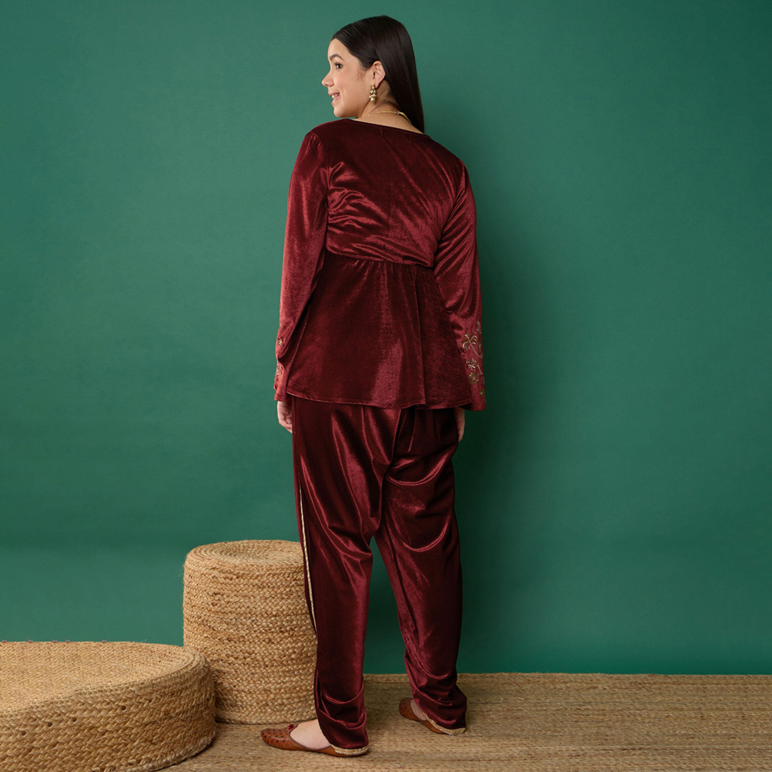 Noh-Voh X Styli Maroon Velvet Emb Peplum Top With Dhoti Pants-girls-clothing-setsandcoords-image-6