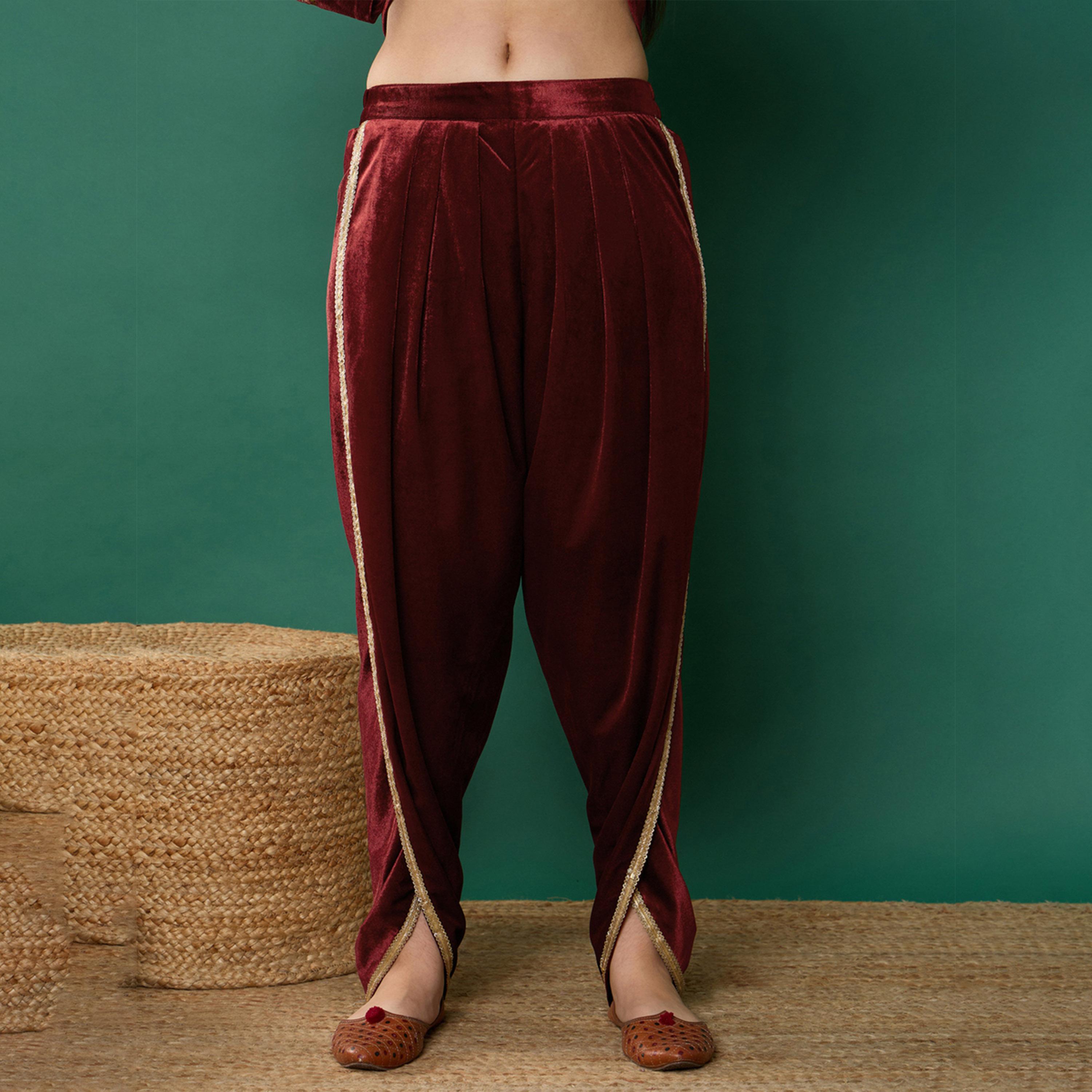 Noh-Voh X Styli Maroon Velvet Emb Peplum Top With Dhoti Pants-girls-clothing-setsandcoords-image-7