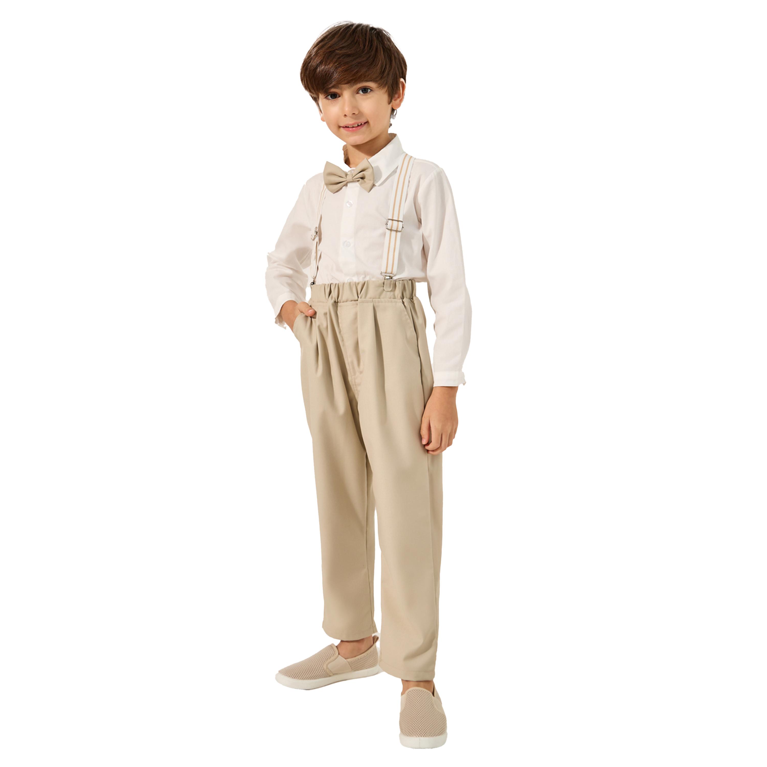 ستايلي -  طقم للأولاد الصغار، ٤ قطع: قميص، بنطال، فيونكة، وحمالات-boys-clothing-setsandcoords-image-1