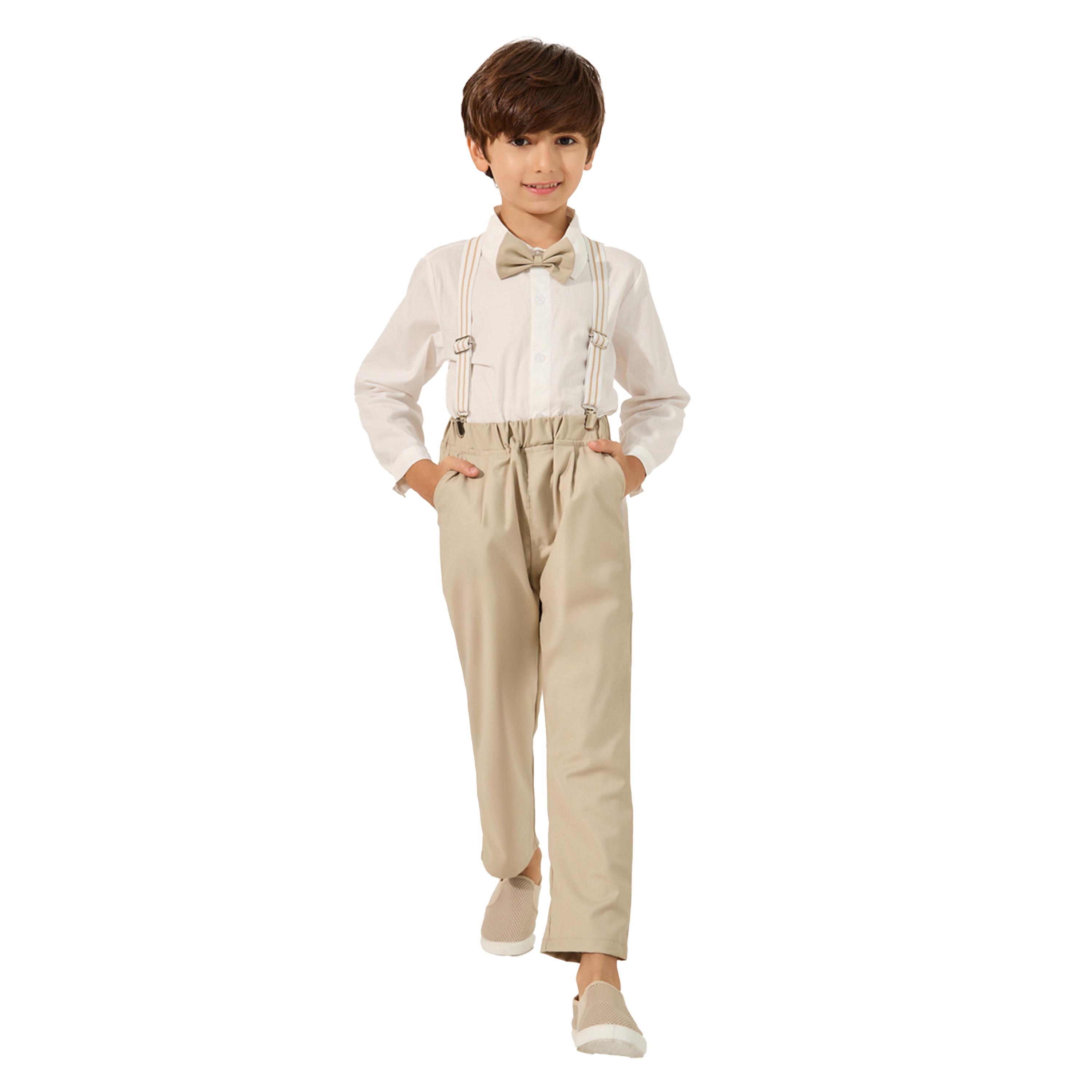 ستايلي -  طقم للأولاد الصغار، ٤ قطع: قميص، بنطال، فيونكة، وحمالات-boys-clothing-setsandcoords-image-2