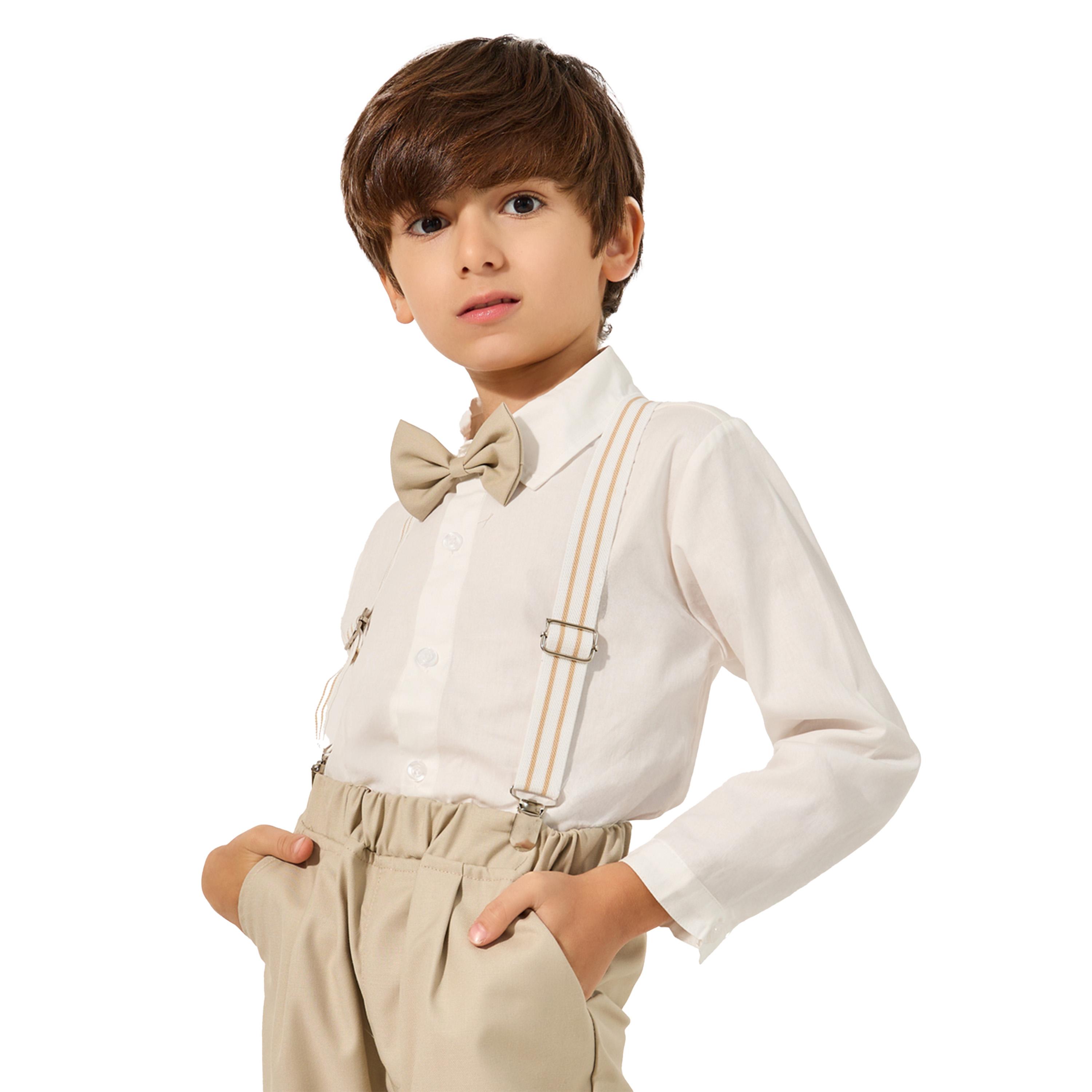 ستايلي -  طقم للأولاد الصغار، ٤ قطع: قميص، بنطال، فيونكة، وحمالات-boys-clothing-setsandcoords-image-3