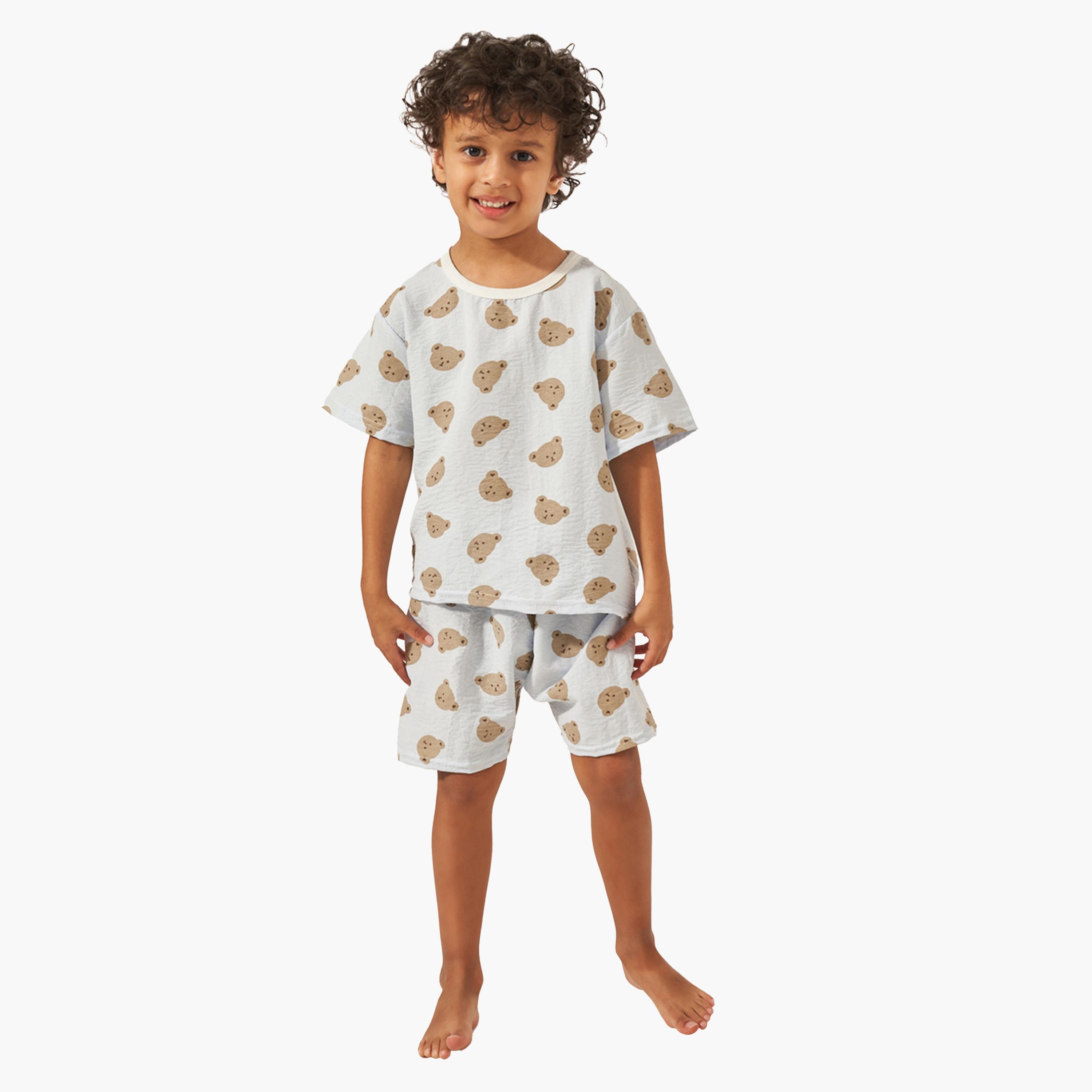 Styli Teddy Print Cotton T-Shirt and Shorts Set-boys-clothing-nightwear-image-1