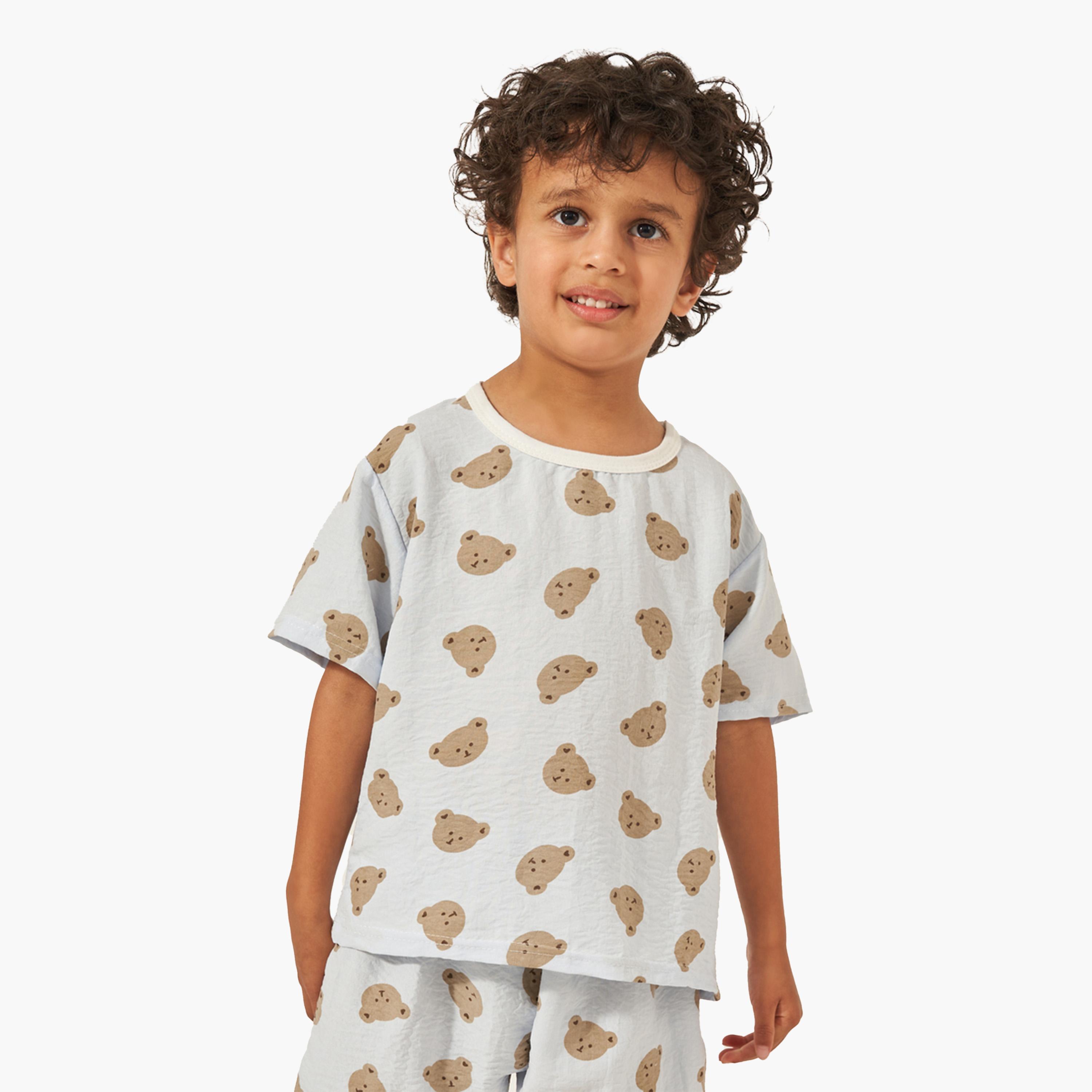 ستايلي - طقم تي شيرت وشورت قطني بطبعة دب-boys-clothing-nightwear-image-2