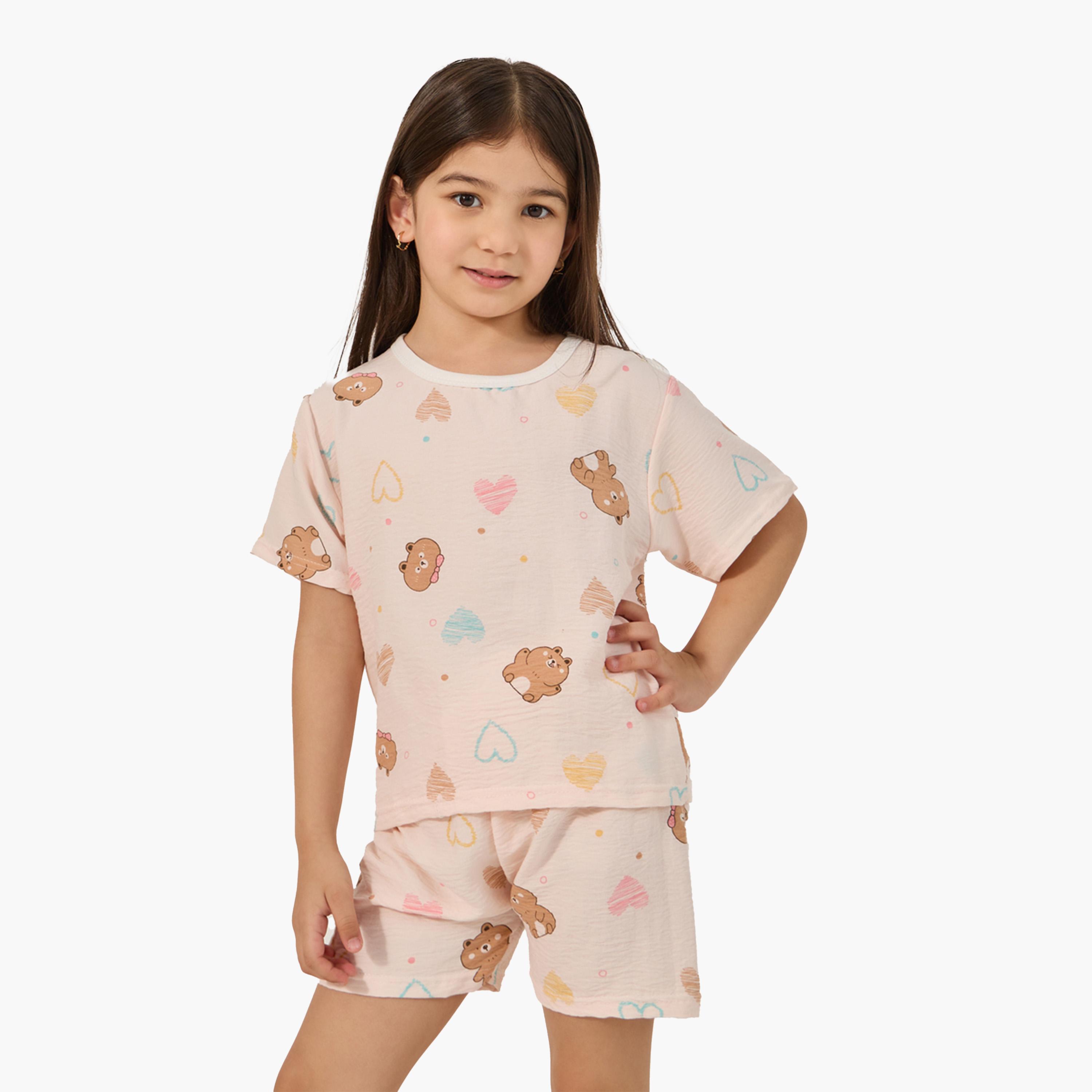 Styli All-Over Print Round Neck T-Shirt and Shorts Pyjama Set-girls-clothing-nightwear-image-2
