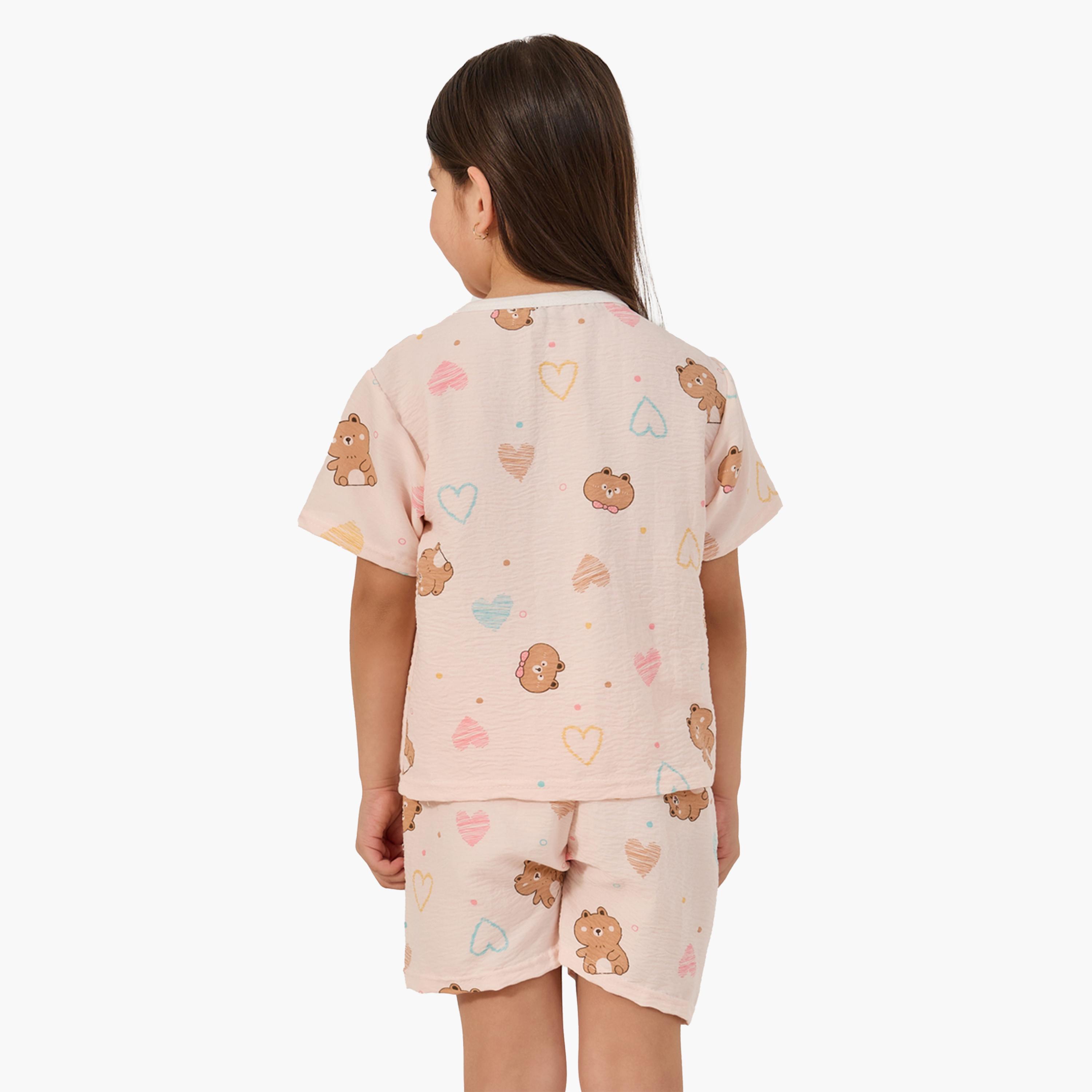 ستايلي-  بيجاما تي شيرت رقبة دائرية وشورت مطبوع بالكامل-girls-clothing-nightwear-image-5