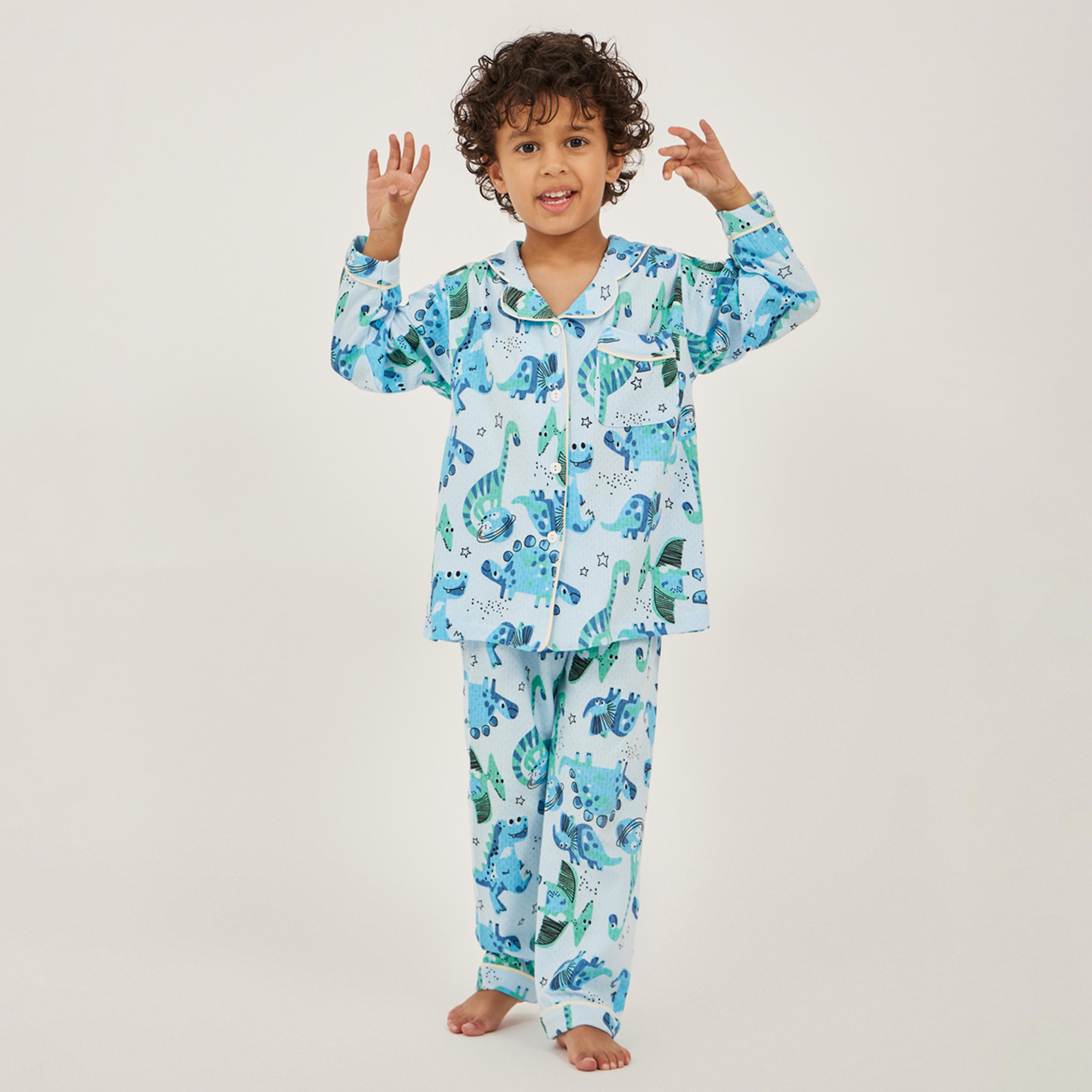 Styli Toddler Boys Dinosaur AOP Button Front PJ Set-boys-clothing-nightwear-image-1
