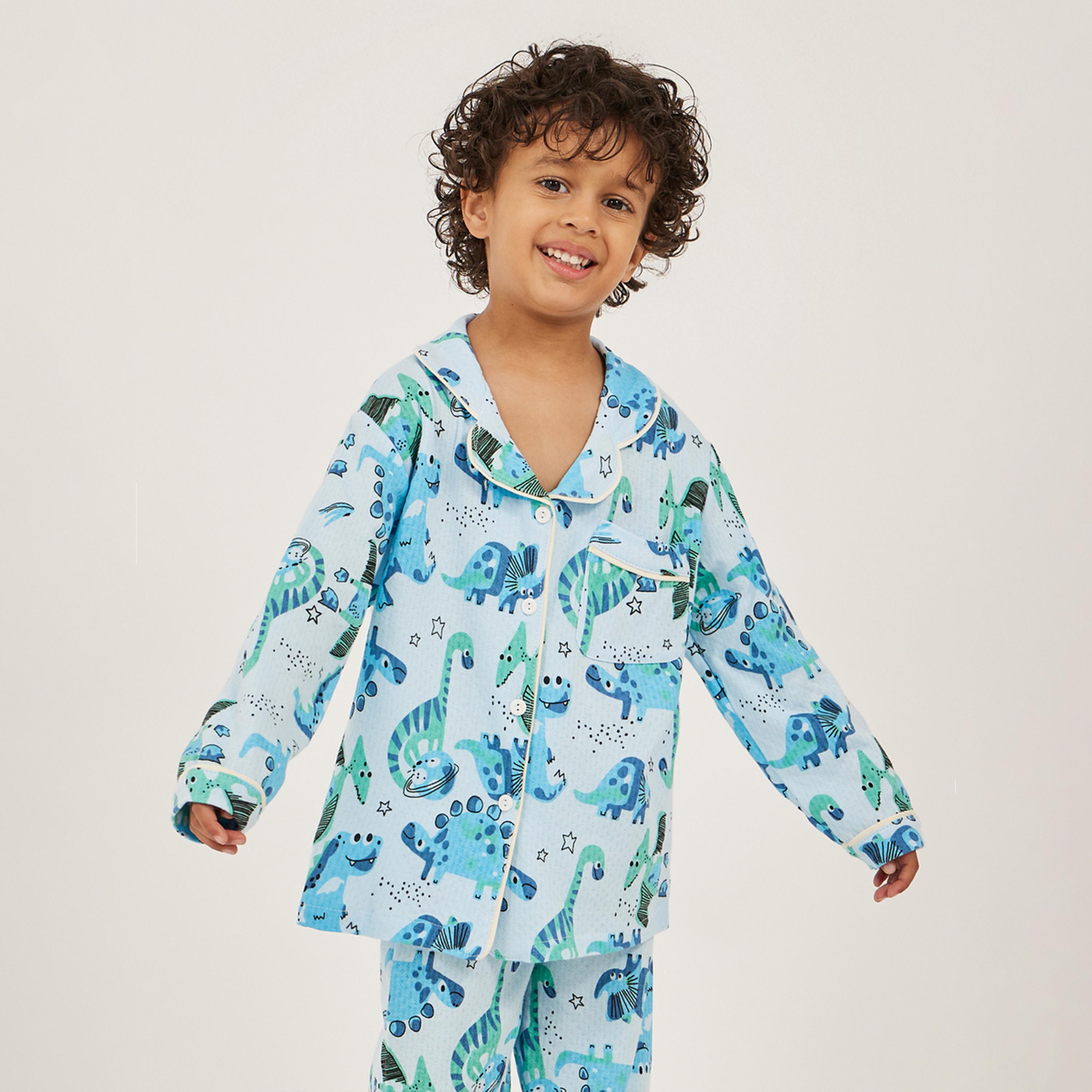 ستايلي - طقم بيجامة للأطفال الصغار بطبعة ديناصور وأزرار أمامية-boys-clothing-nightwear-image-2