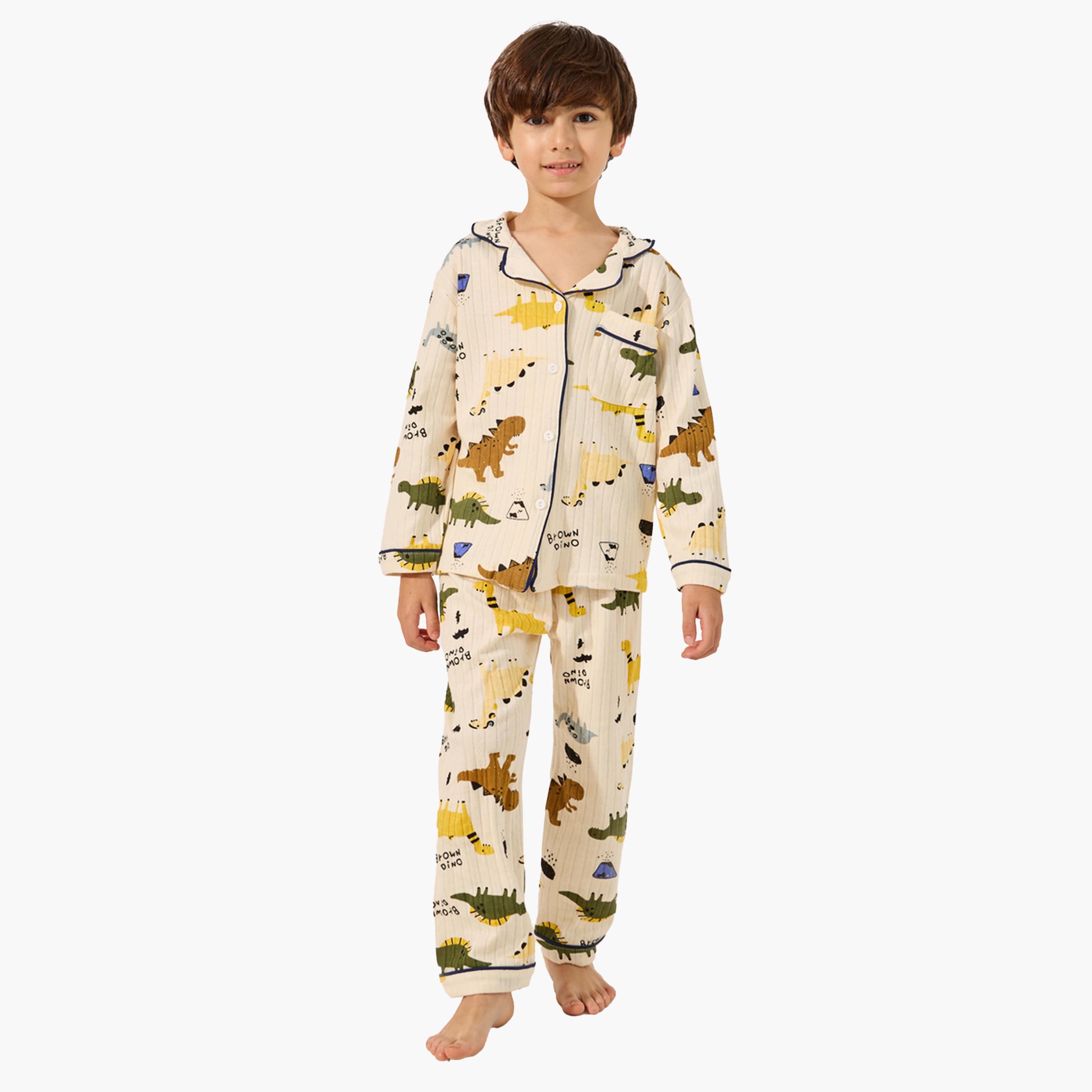 ستايلي-  طقم قميص مضلع بطبعة ديناصور بالكامل وبنطلون بيجاما-boys-clothing-nightwear-image-1
