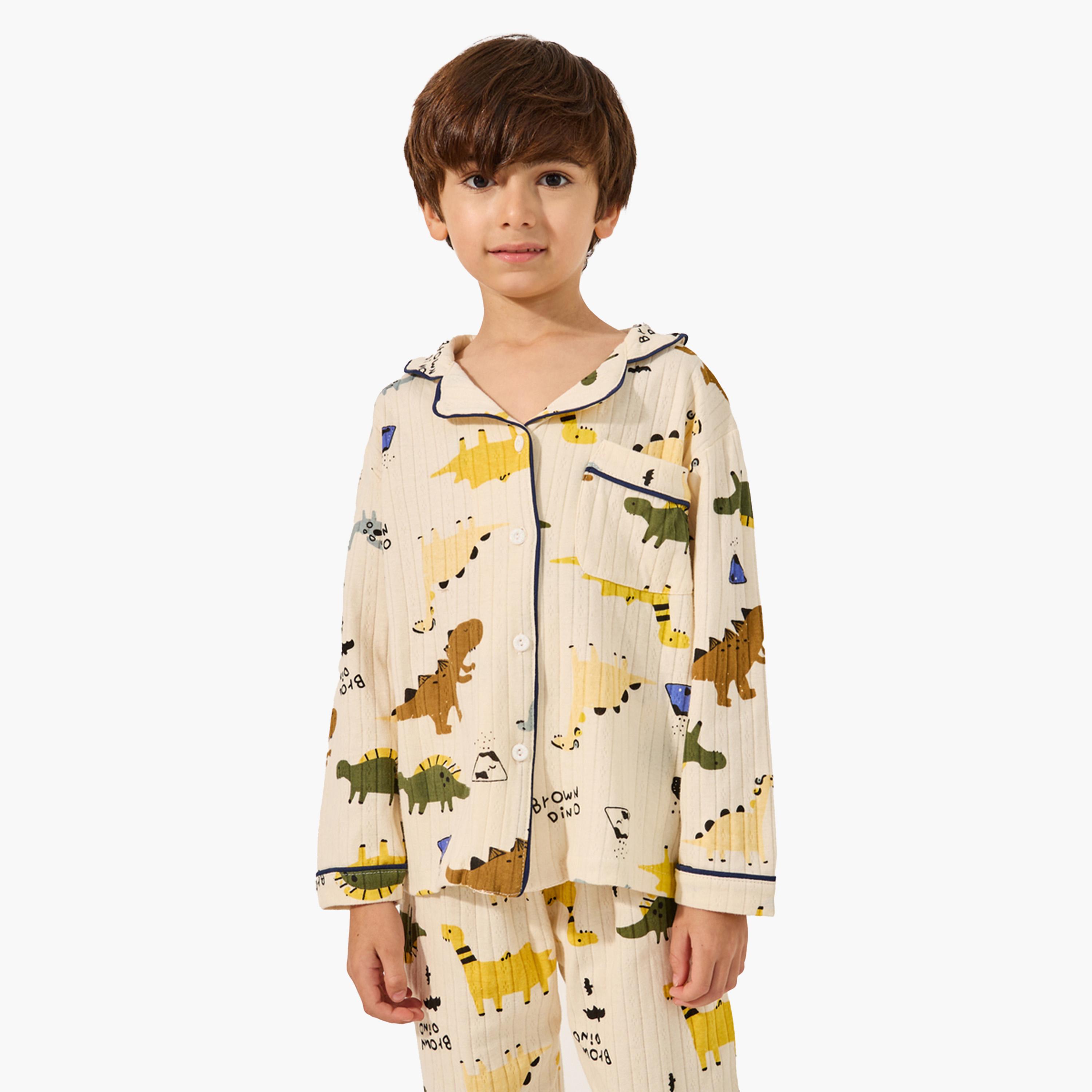 ستايلي-  طقم قميص مضلع بطبعة ديناصور بالكامل وبنطلون بيجاما-boys-clothing-nightwear-image-2