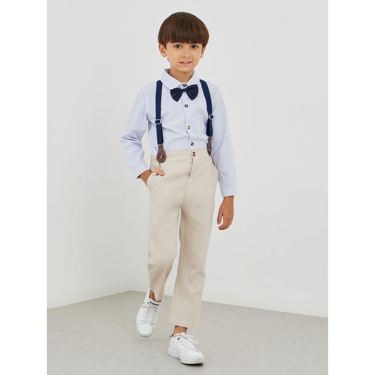Styli Boys Striped Long Sleeve Shirt and Pants Set with Bow and Suspender-boys-clothing-setsandcoords-image-1