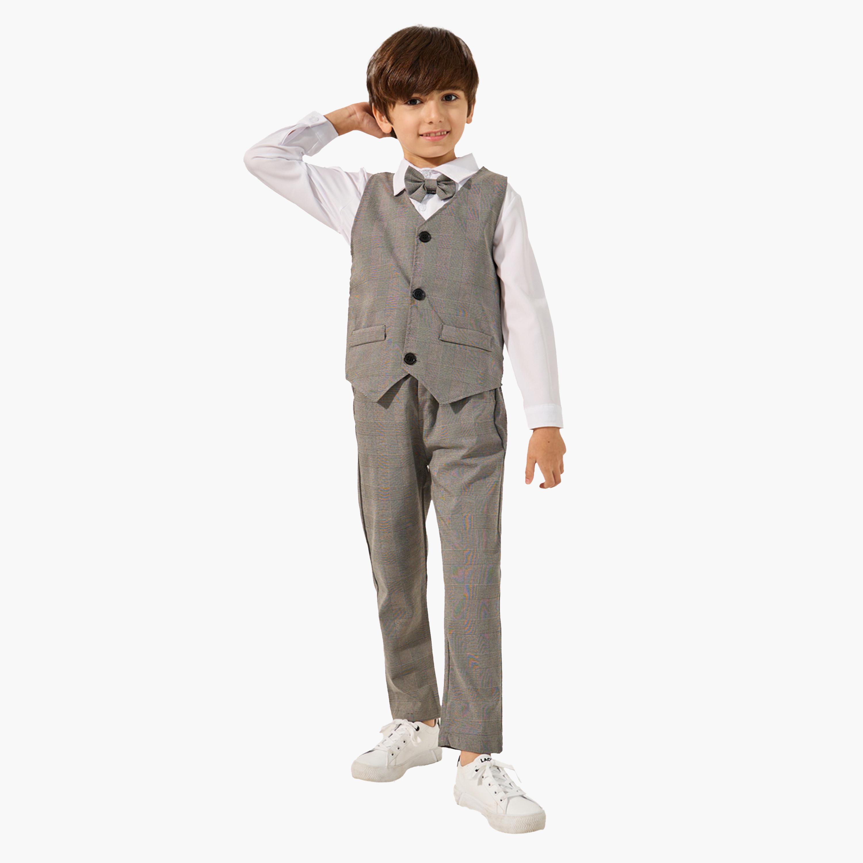 Styli Solid Long Sleeves Shirt, Checked Waistcoat and Pants Set with Bow Tie-boys-clothing-setsandcoords-image-1