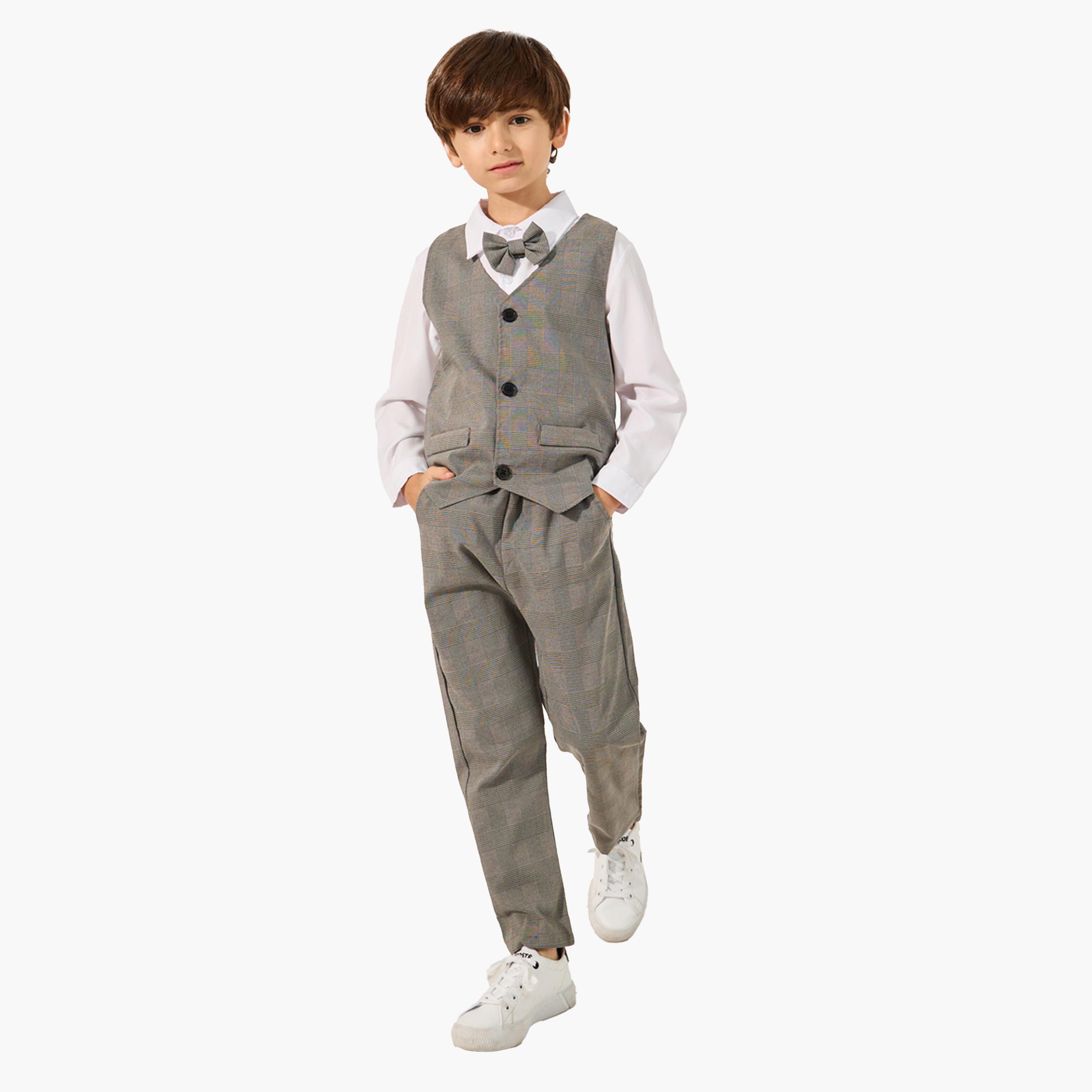 ستايلي - طقم قميص سادة بأكمام طويلة مع فيست مربعات وبنطال وبابيون-boys-clothing-setsandcoords-image-2