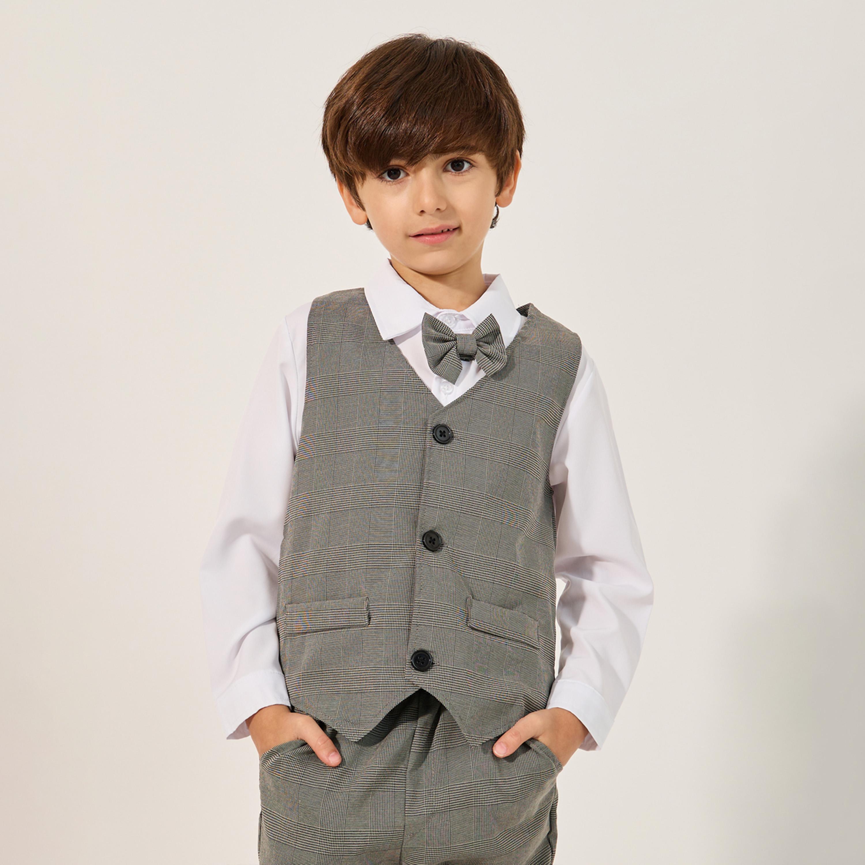 Styli Solid Long Sleeves Shirt, Checked Waistcoat and Pants Set with Bow Tie-boys-clothing-setsandcoords-image-3