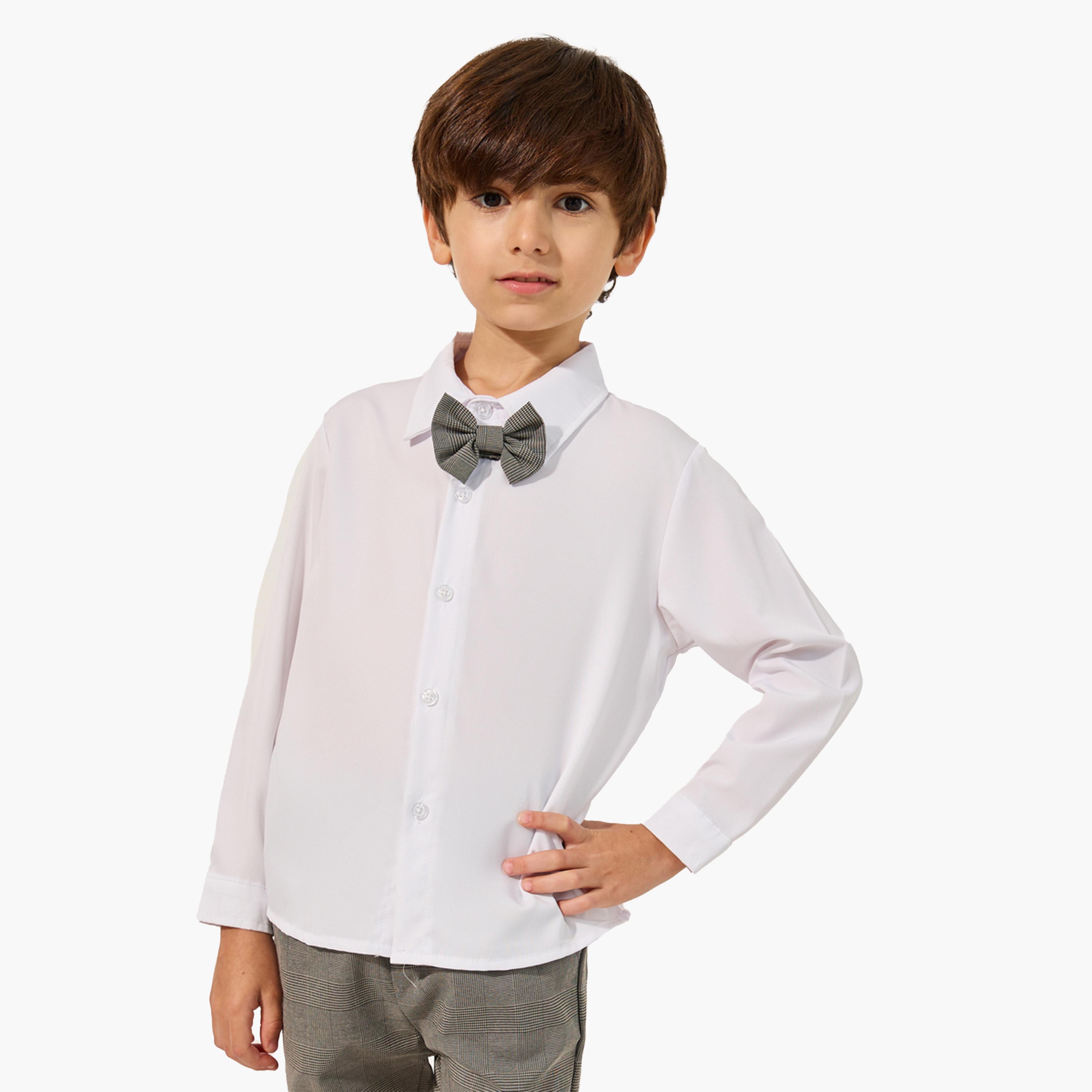 Styli Solid Long Sleeves Shirt, Checked Waistcoat and Pants Set with Bow Tie-boys-clothing-setsandcoords-image-5
