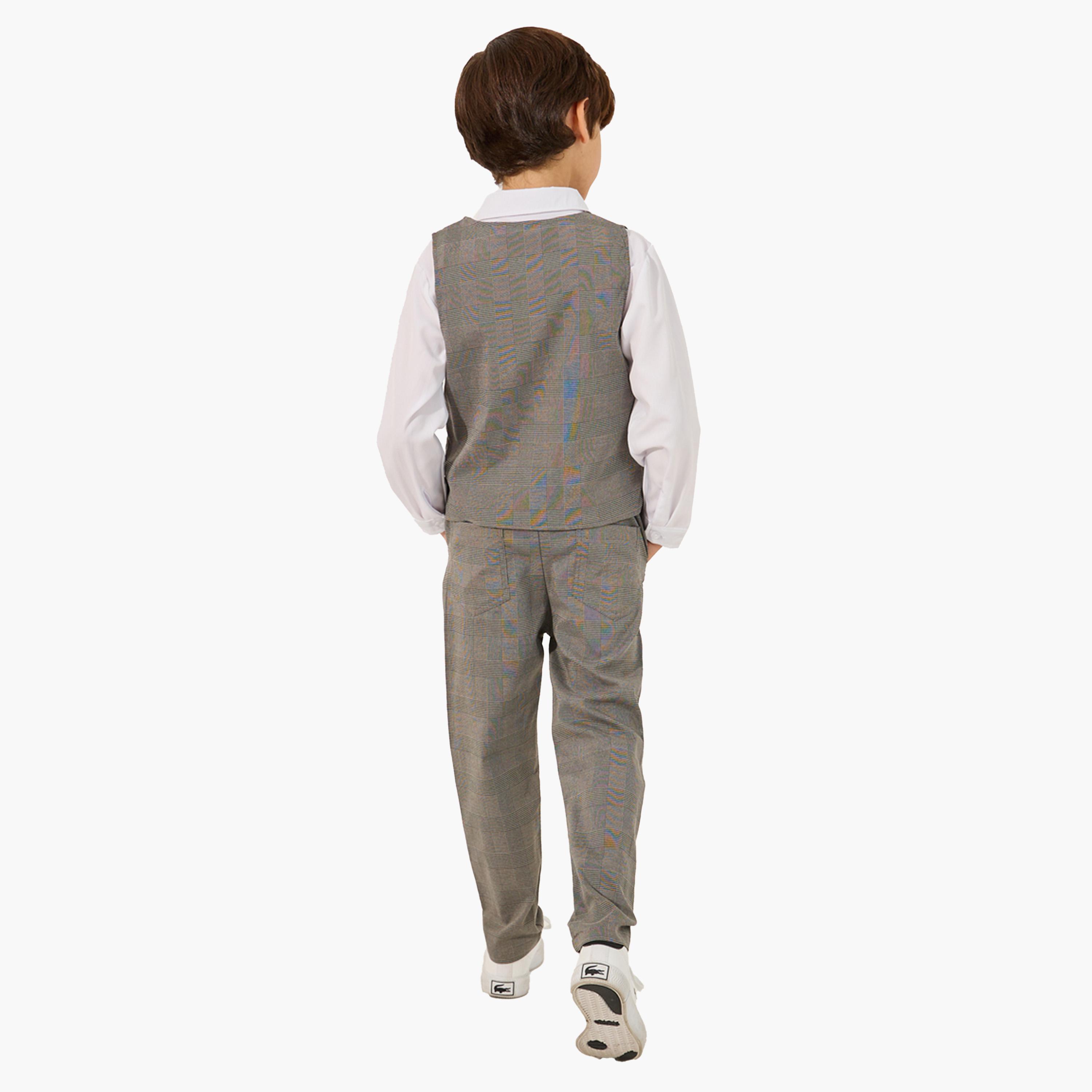 Styli Solid Long Sleeves Shirt, Checked Waistcoat and Pants Set with Bow Tie-boys-clothing-setsandcoords-image-7