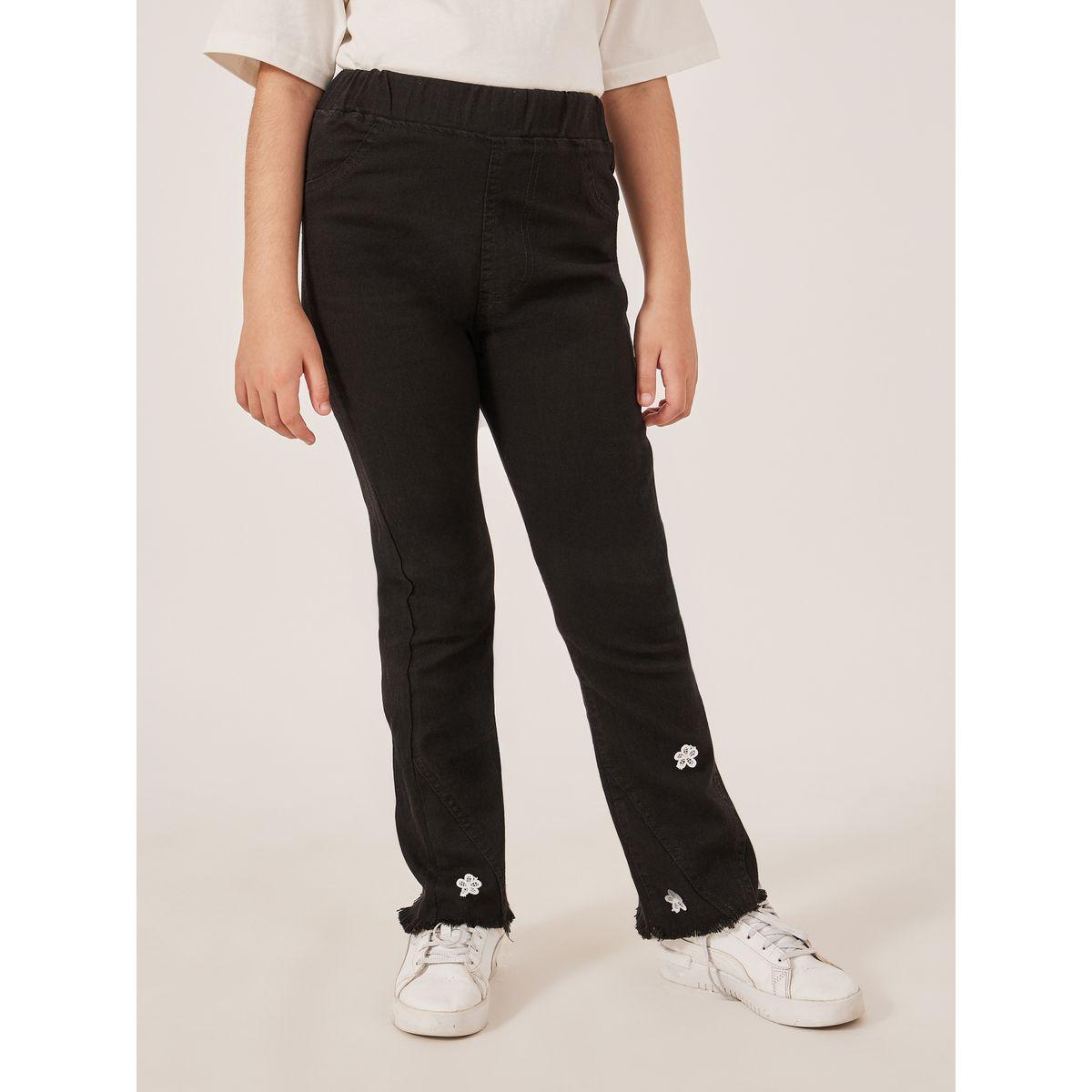 Styli Black Denim Jeans with Lace Flower Detail for Girls-girls-clothing-bottoms-jeansandjeggings-image-1