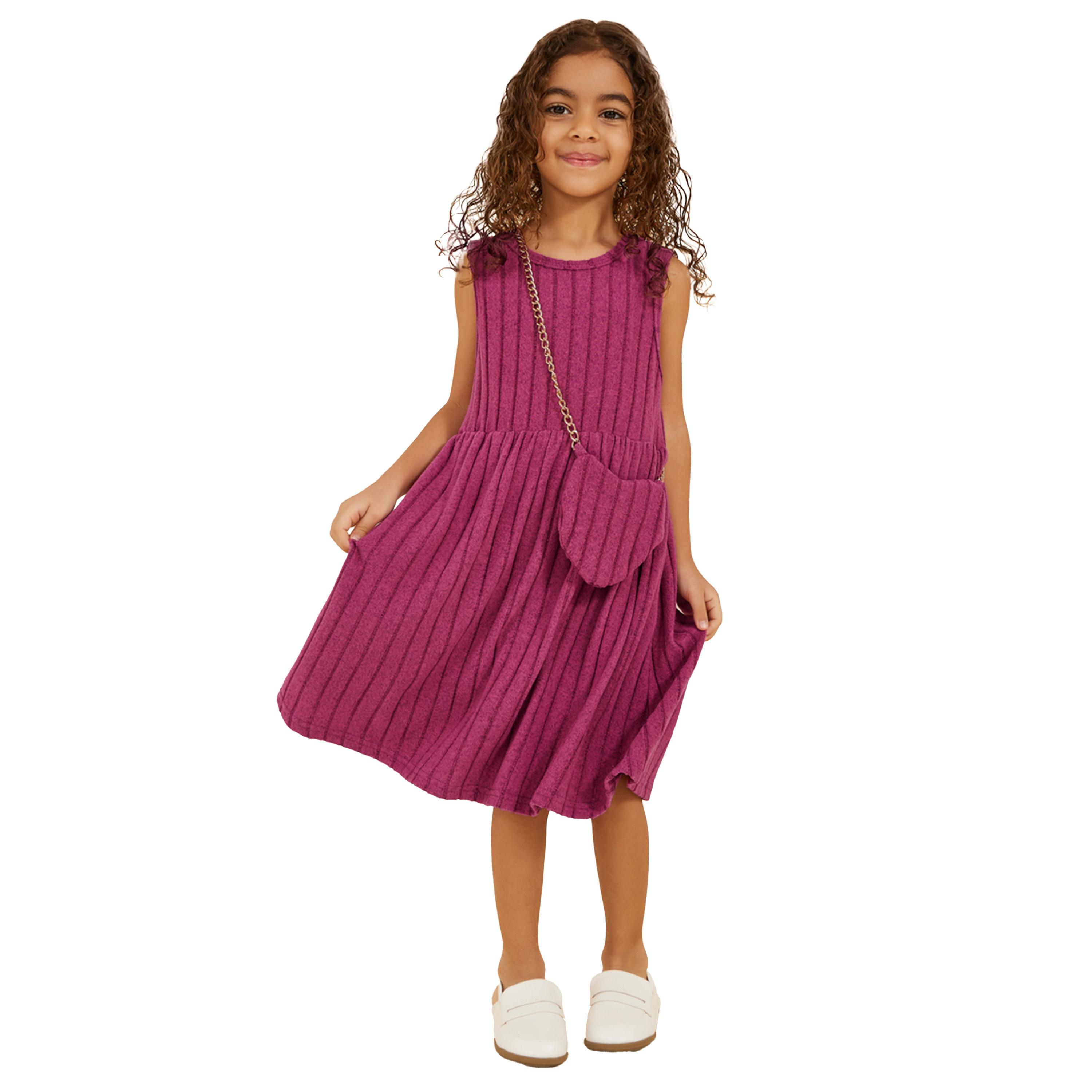 Styli Ribbed Knit Sleeveless A-Line Dress with Bag-girls-clothing-dressesandjumpsuits-image-1
