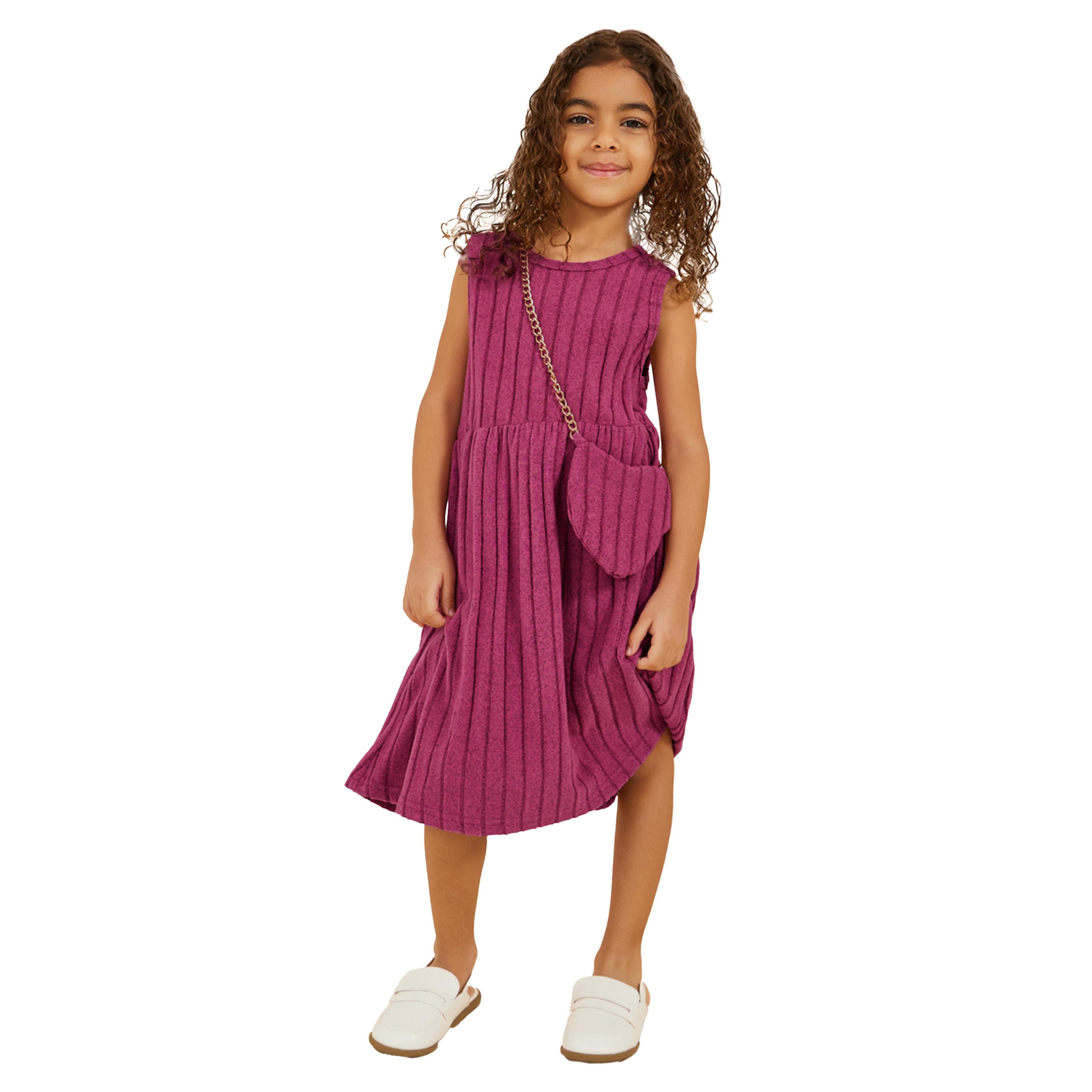 Styli Ribbed Knit Sleeveless A-Line Dress with Bag-girls-clothing-dressesandjumpsuits-image-2